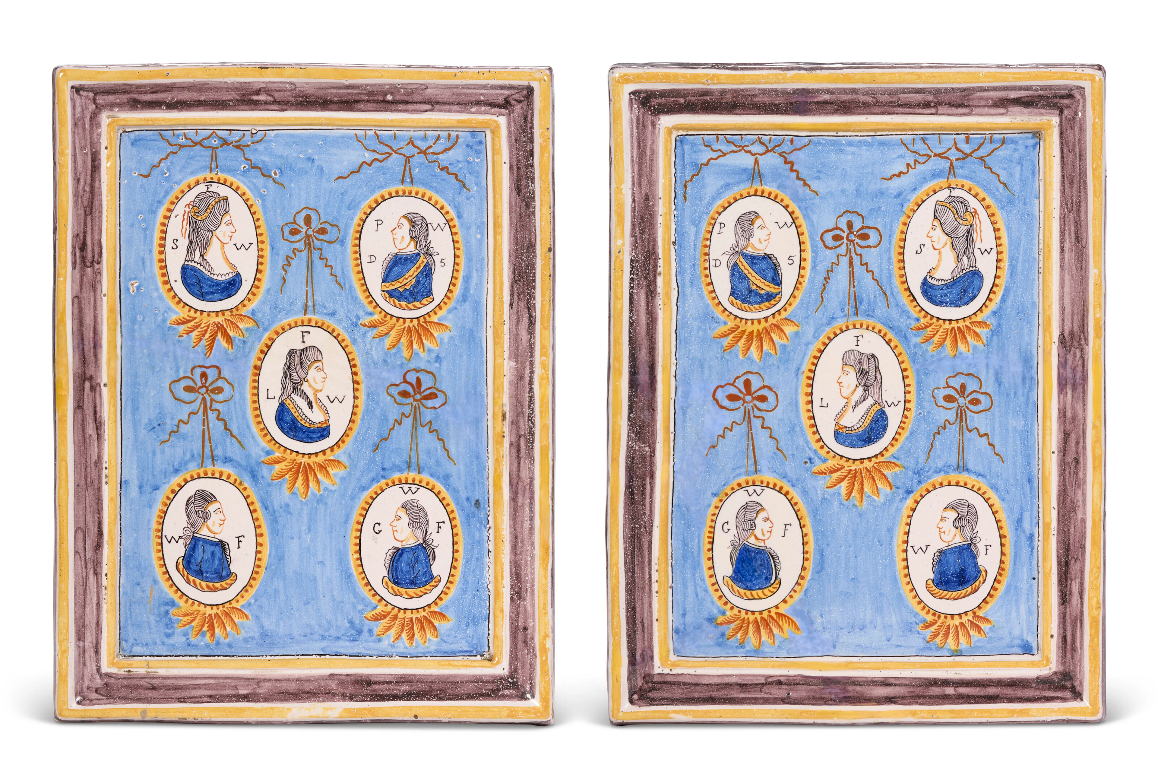 A Pair of Dutch Delft Polychrome Rectangular Portrait Plaques