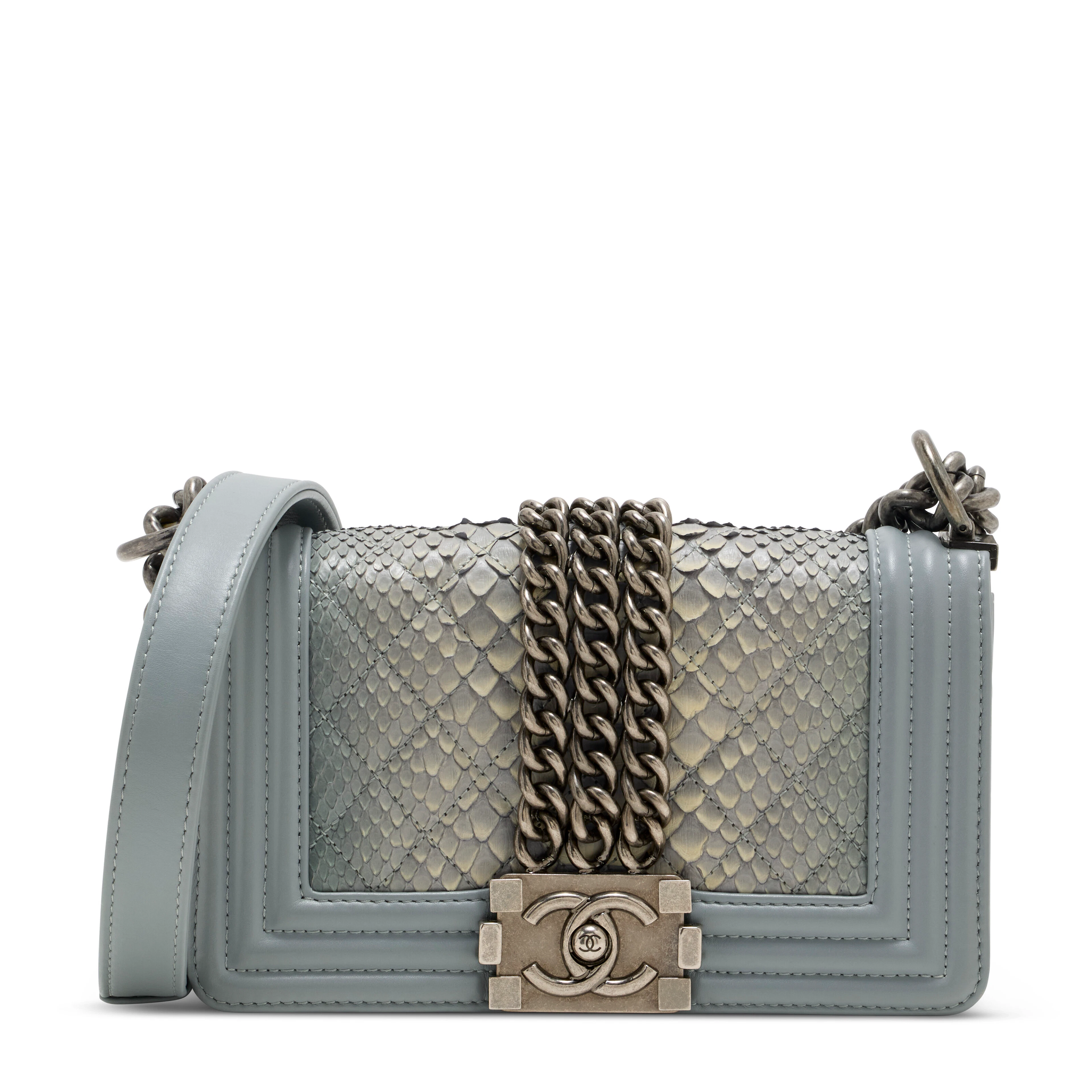 A Blue Gray Lambskin Leather & Gradation Python Small Boy Bag with