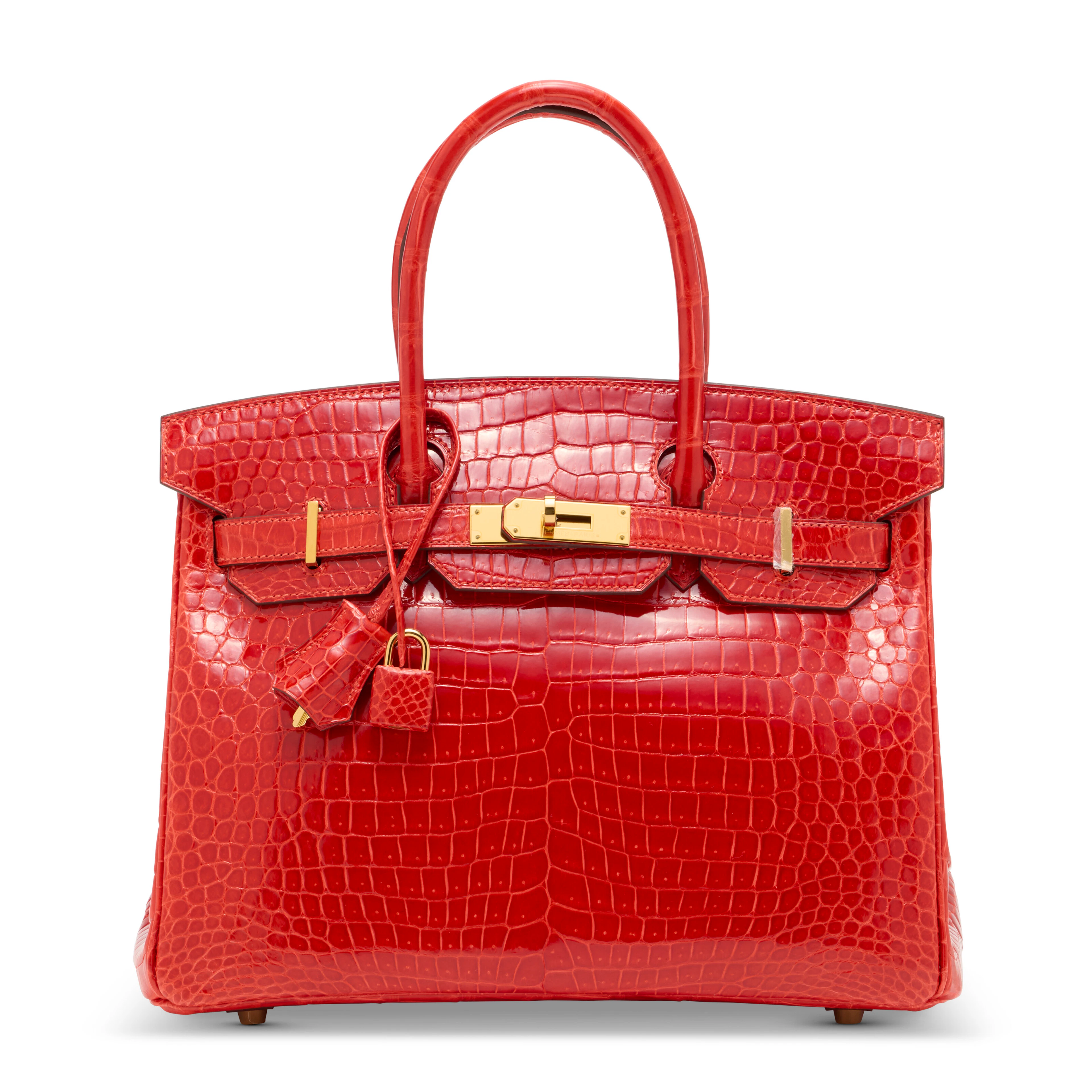 A SHINY GÉRANIUM POROSUS CROCODILE BIRKIN 30 WITH GOLD HARDWARE