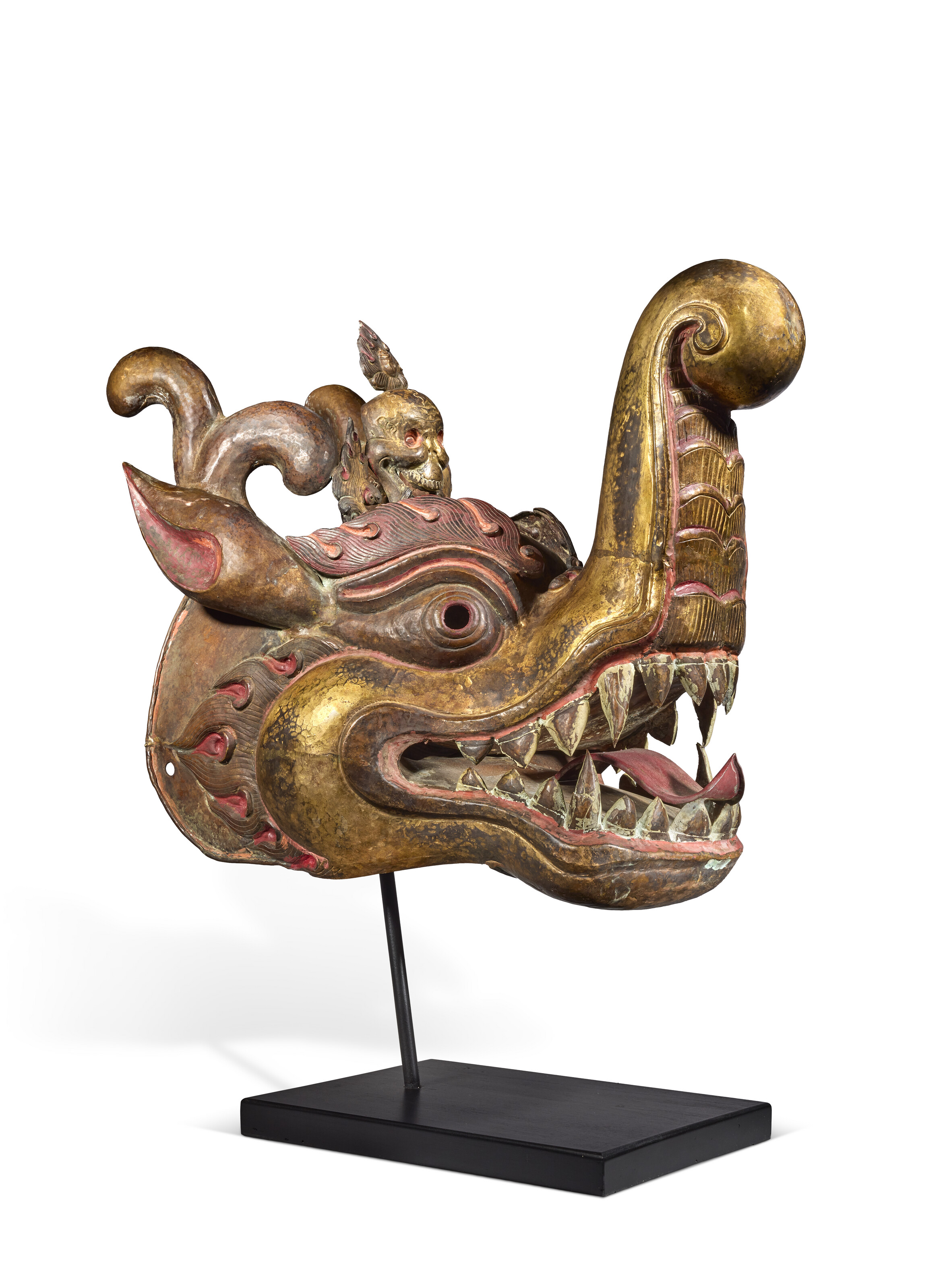 Tête De Makara En Bronze Partiellement Doré Et Polychrome