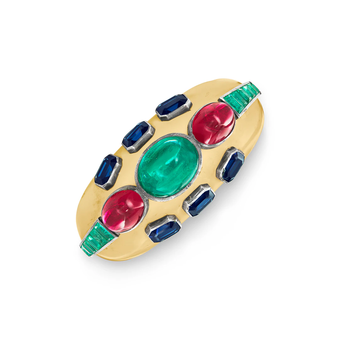 Enamel and Simulated Multi-Gem Bangle Bracelet, Attributed to Fulco