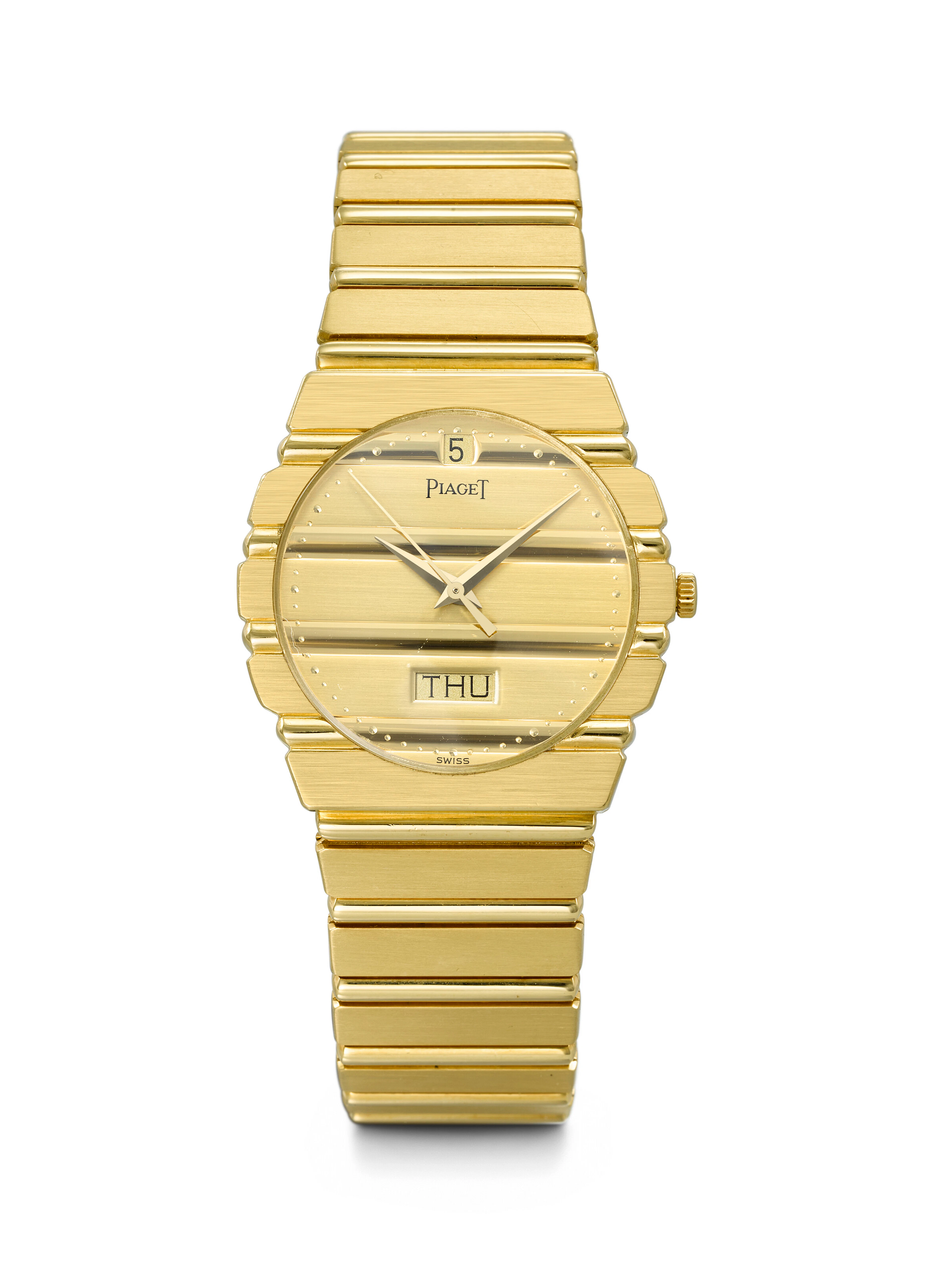 PIAGET. AN ATTRACTIVE 18K GOLD QUARTZ WRISTWATCH WITH DAY, DATE AND BRACELET