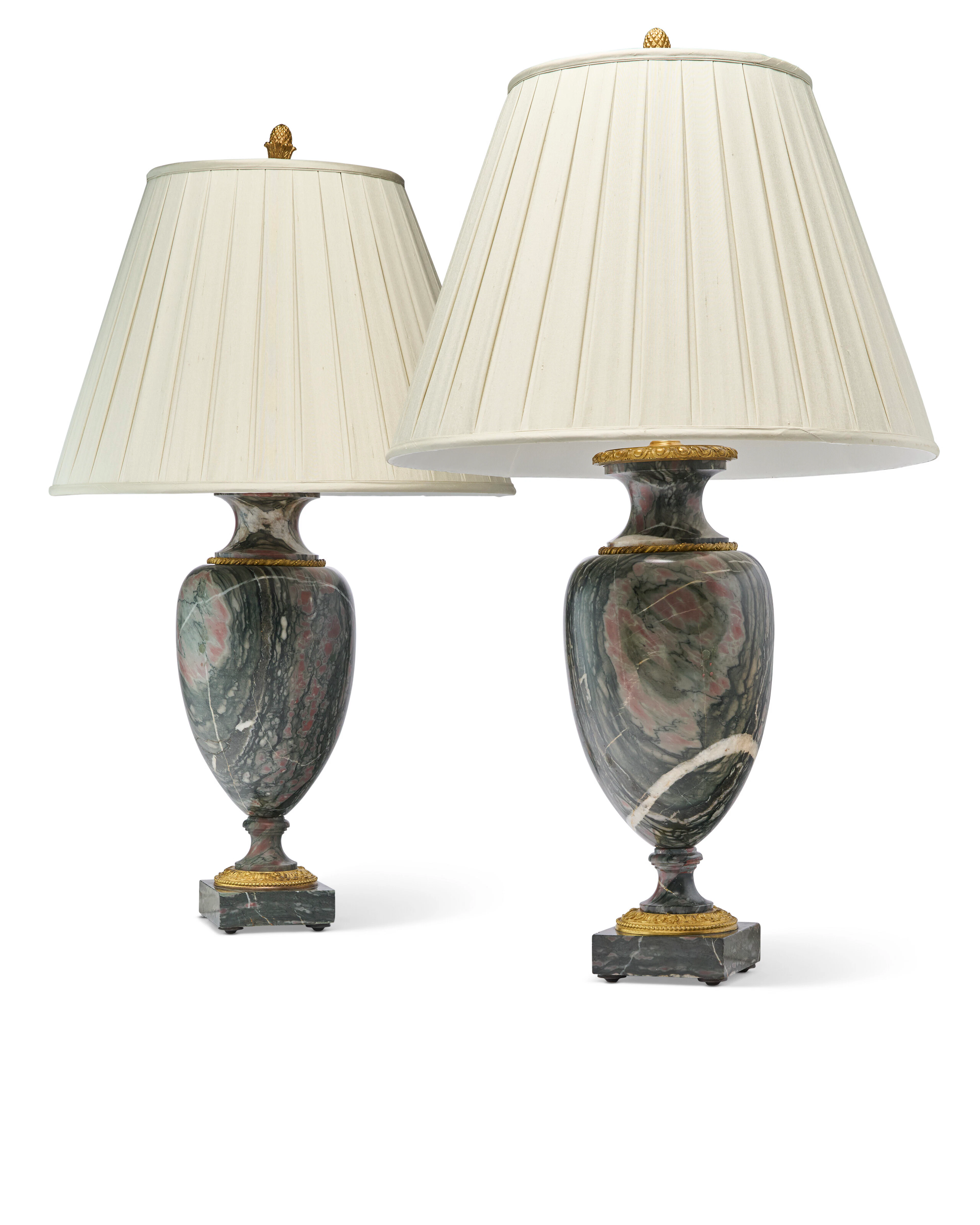 A Pair of French Ormolu-Mounted Veined Grey Marble Vases, Now Mounted as Lamps