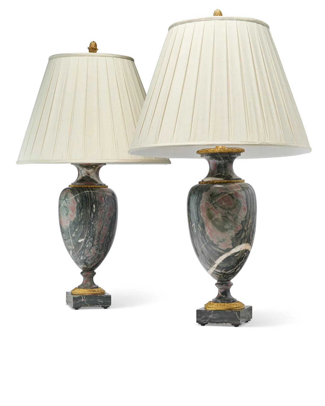 A Pair of French Ormolu-Mounted Veined Grey Marble Vases, Now Mounted as Lamps