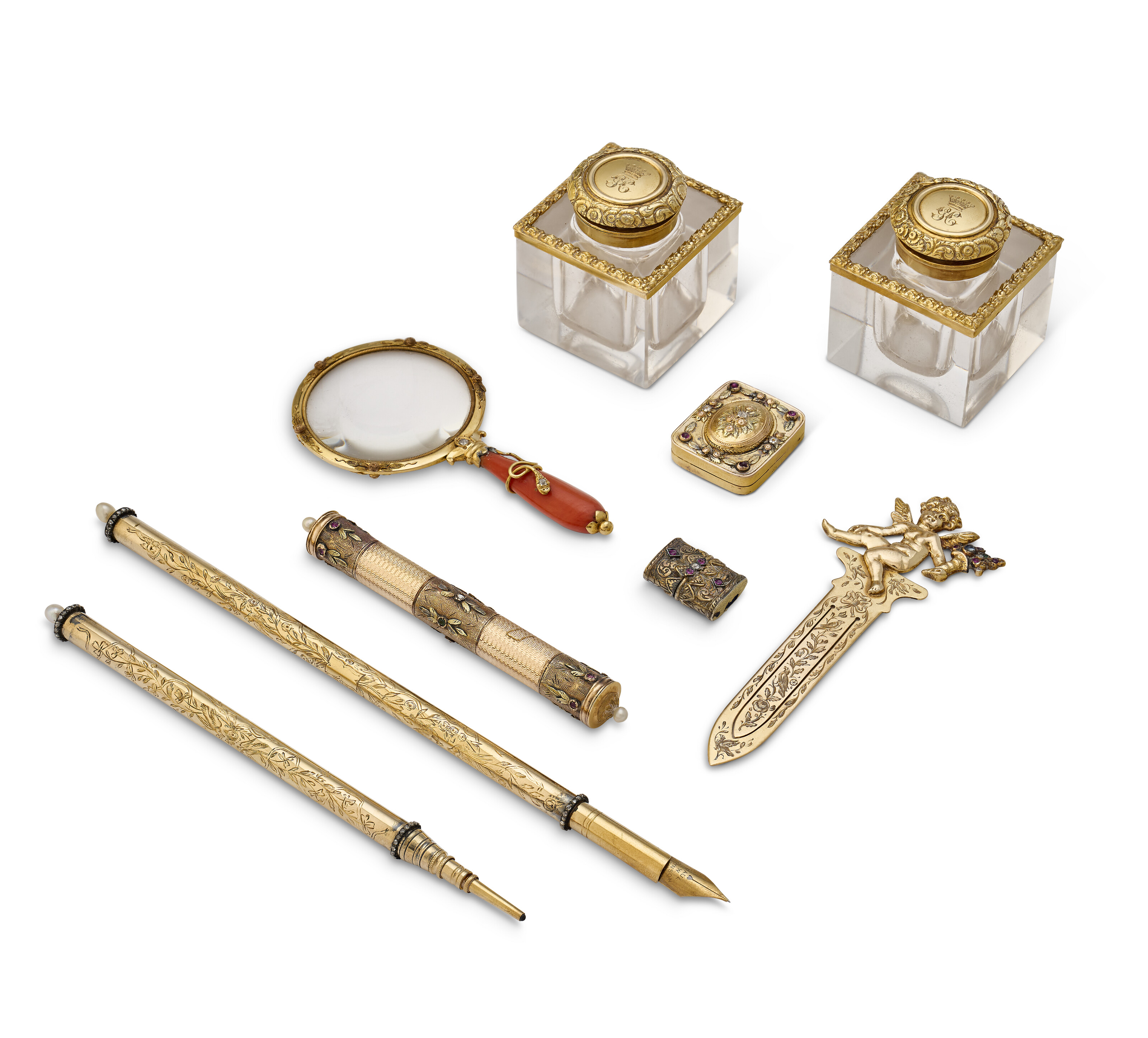An Assembled Continental Gem-Set Gold and Silver-Gilt Desk Set
