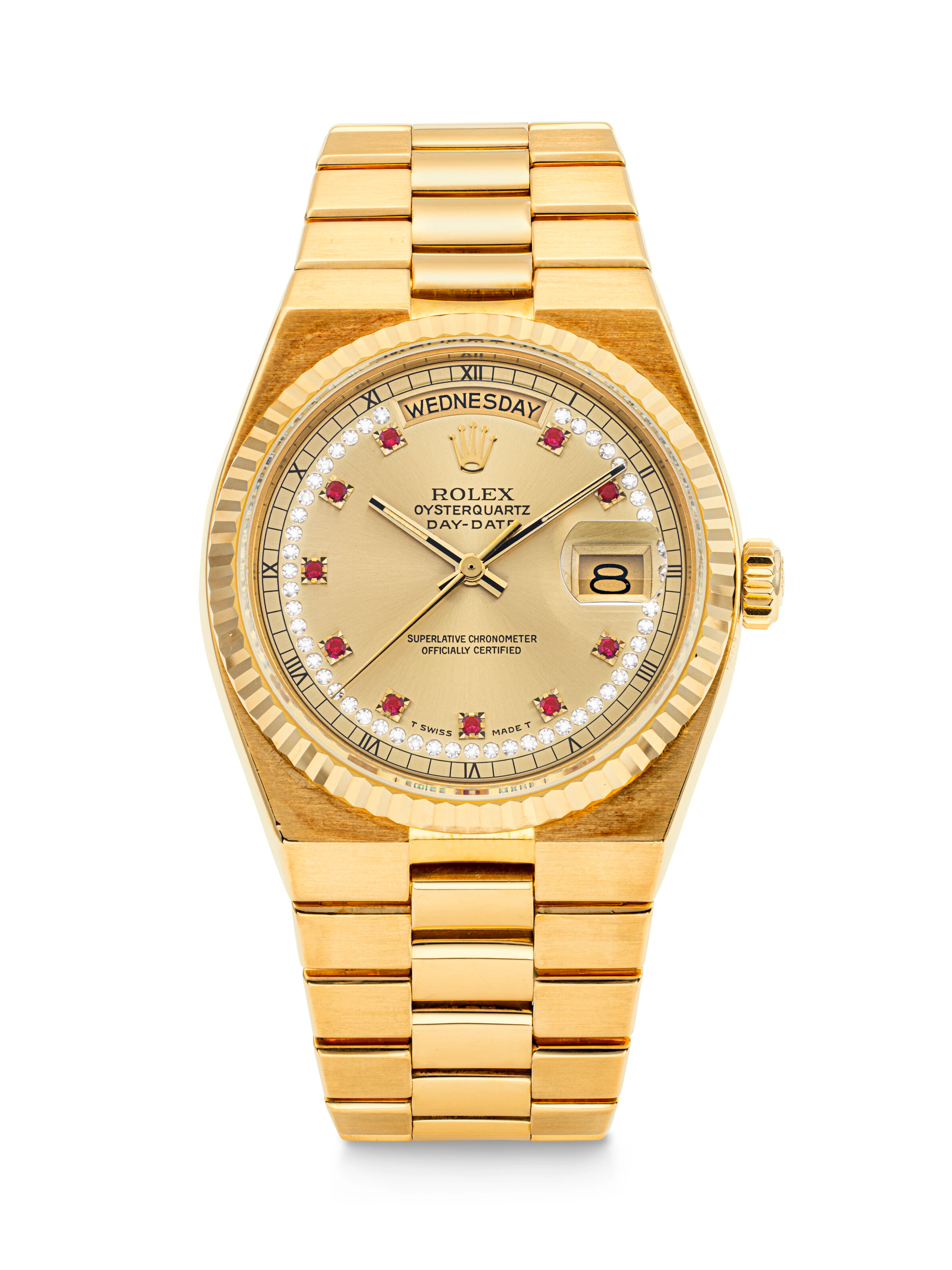ROLEX. AN ATTRACTIVE 18K GOLD, DIAMOND AND RUBY-SET AUTOMATIC WRISTWATCH