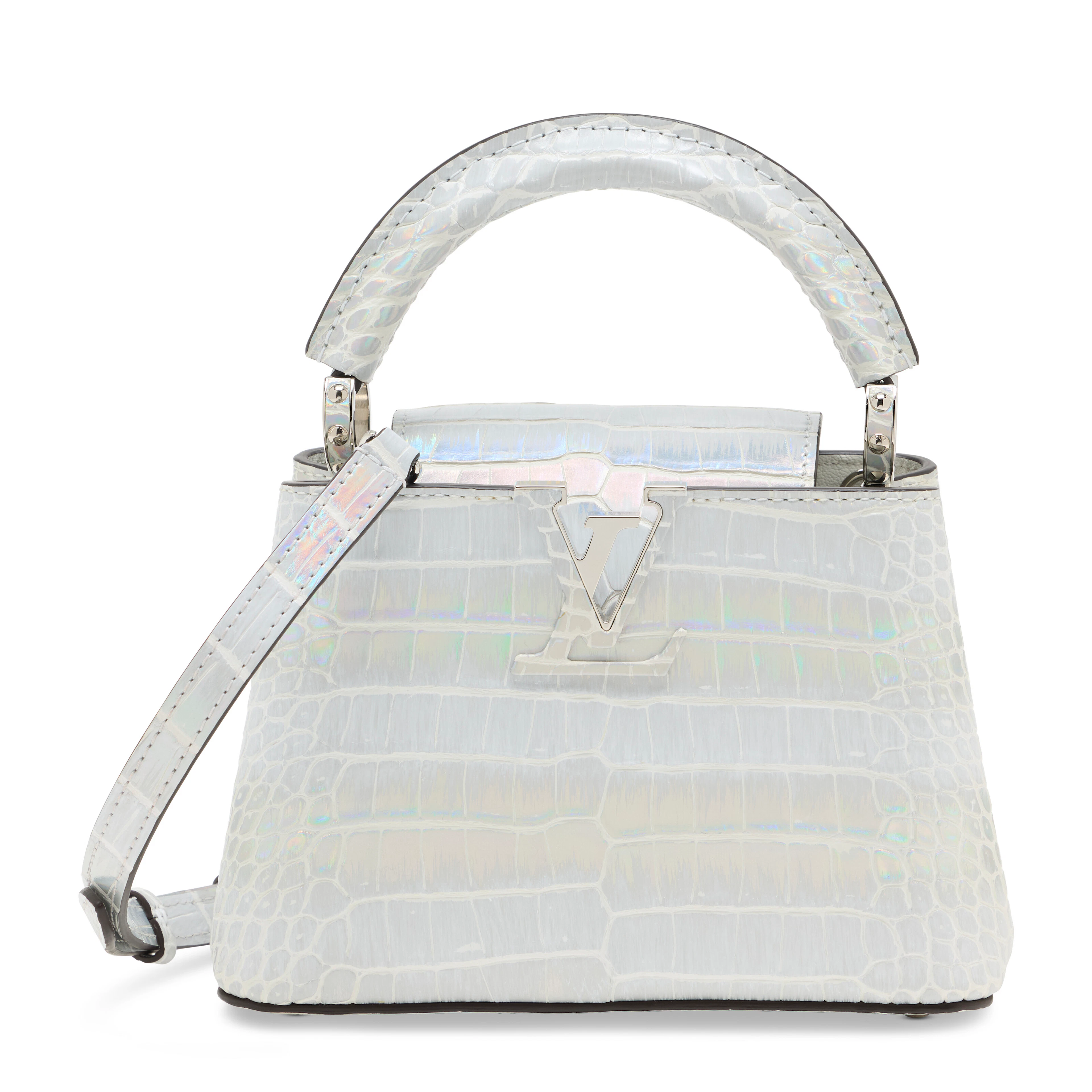 A SILVER AURORA ALLIGATOR MINI CAPUCINES WITH SILVER HARDWARE