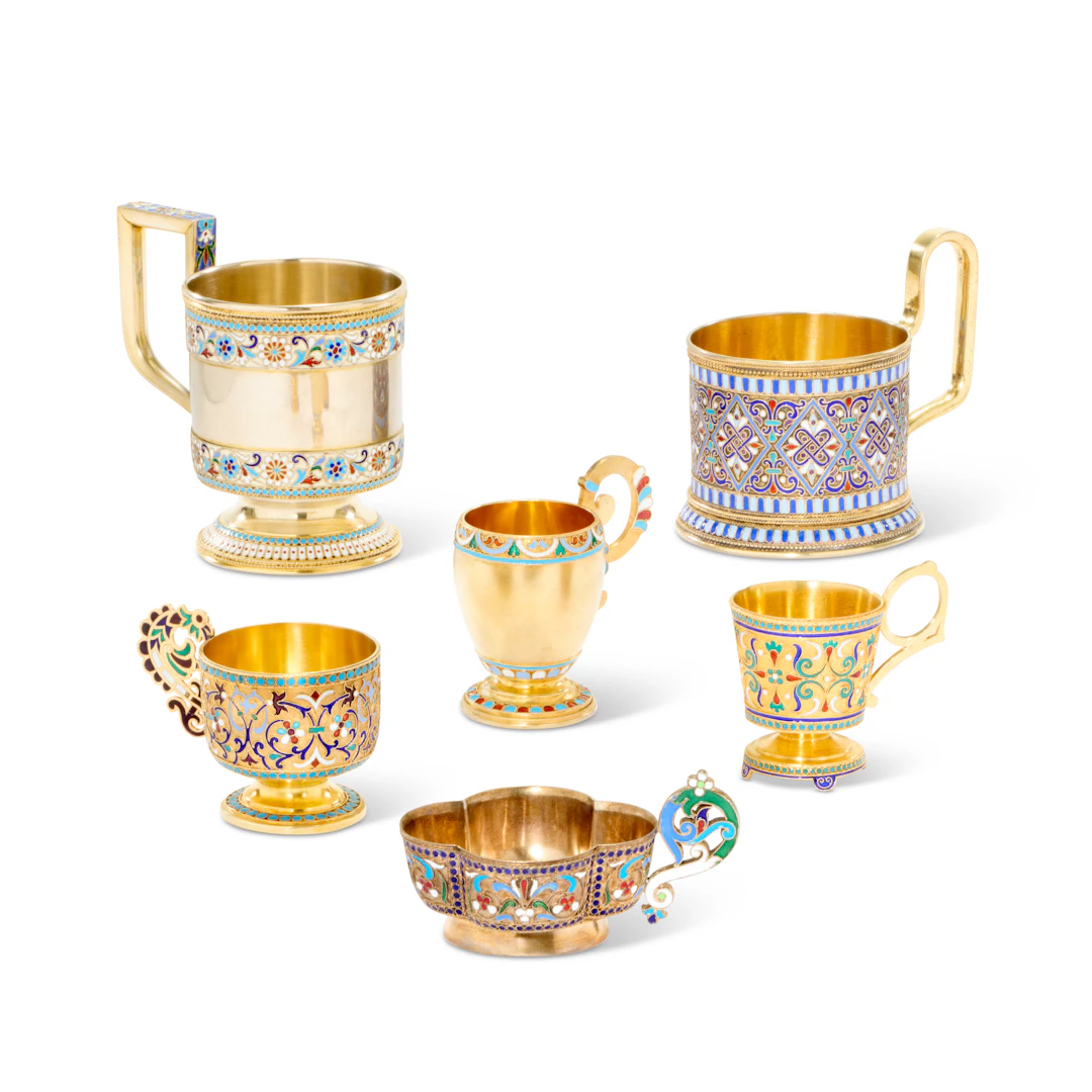 A Group of Two Russian Cloisonné Enamel Silver-Gilt Tea-Glass Holders