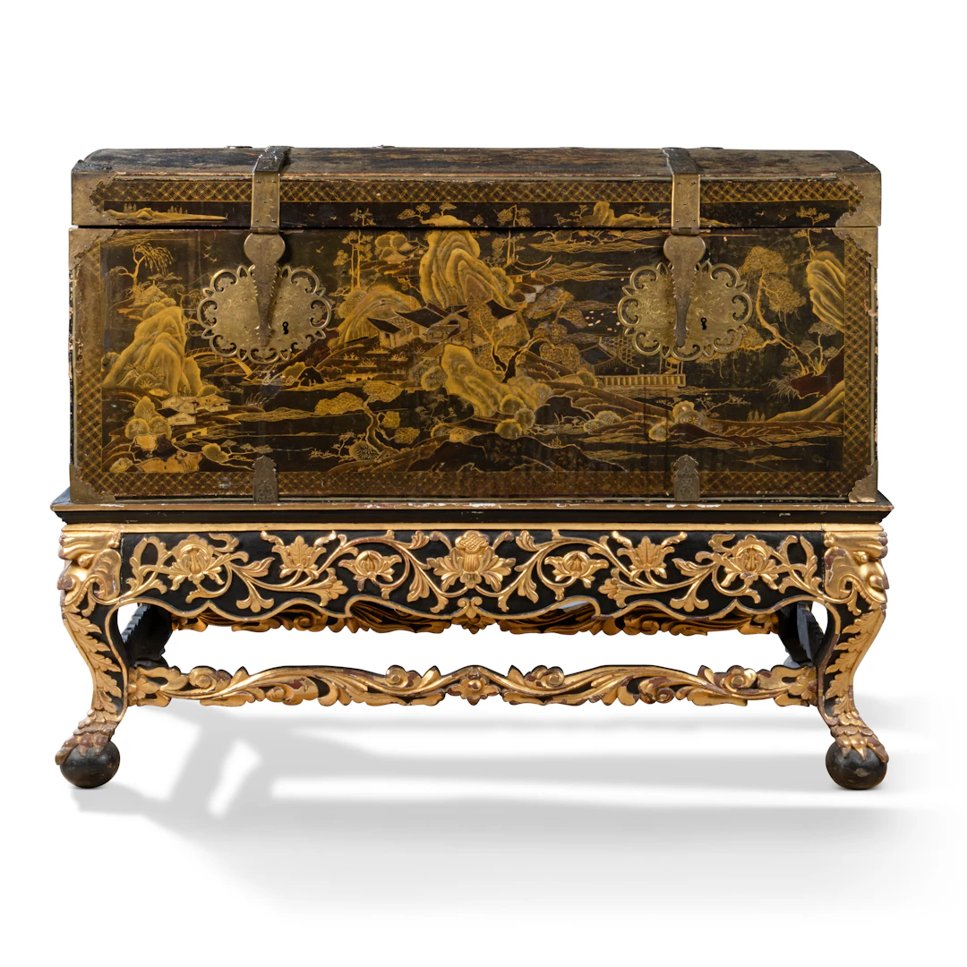 A Chinese Gilt-Metal Lacquer Coffer on a Dutch Colonial Parcel-Gilt