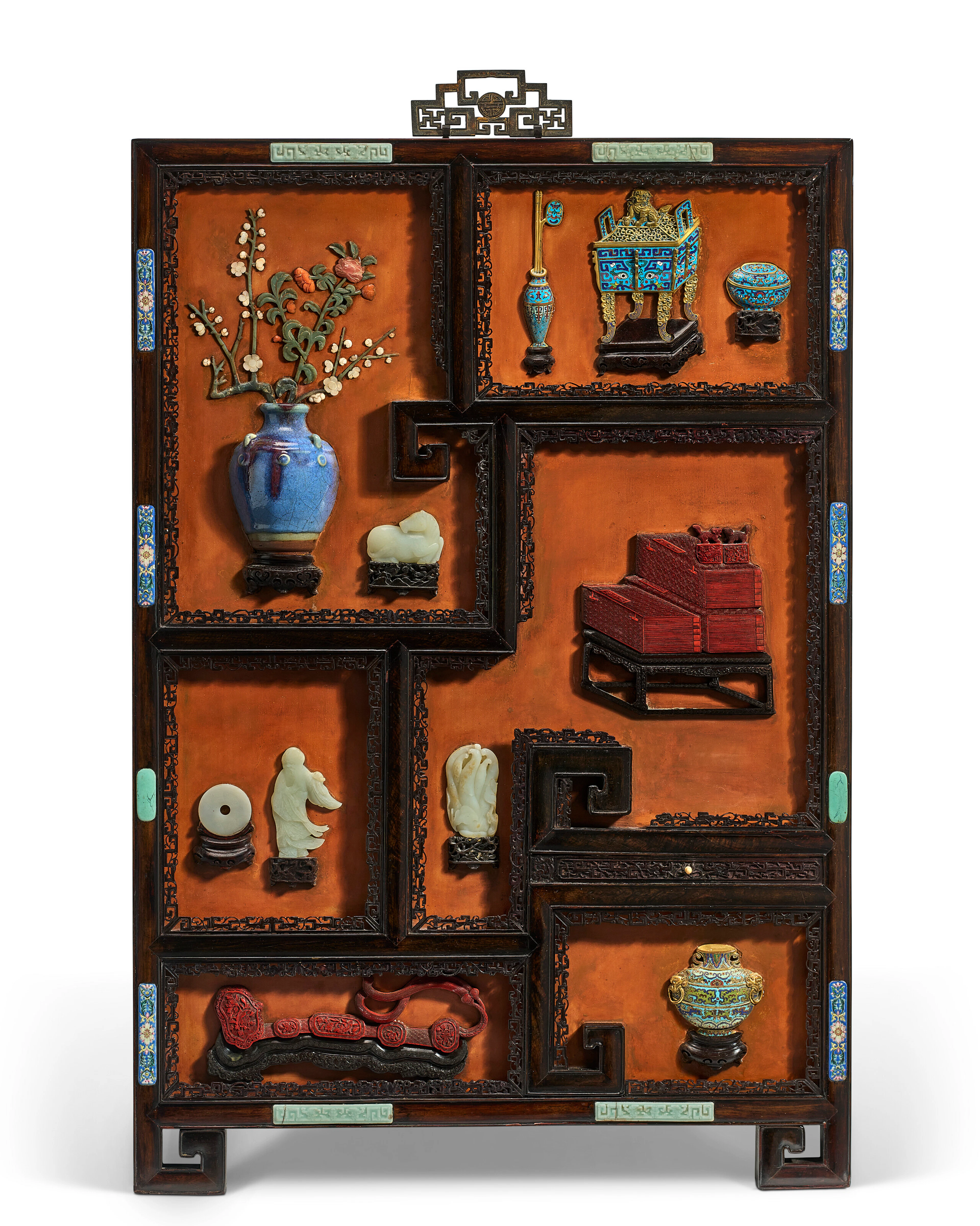 A Rare Inlaid 'Precious Antiques' Zitan Wall Panel