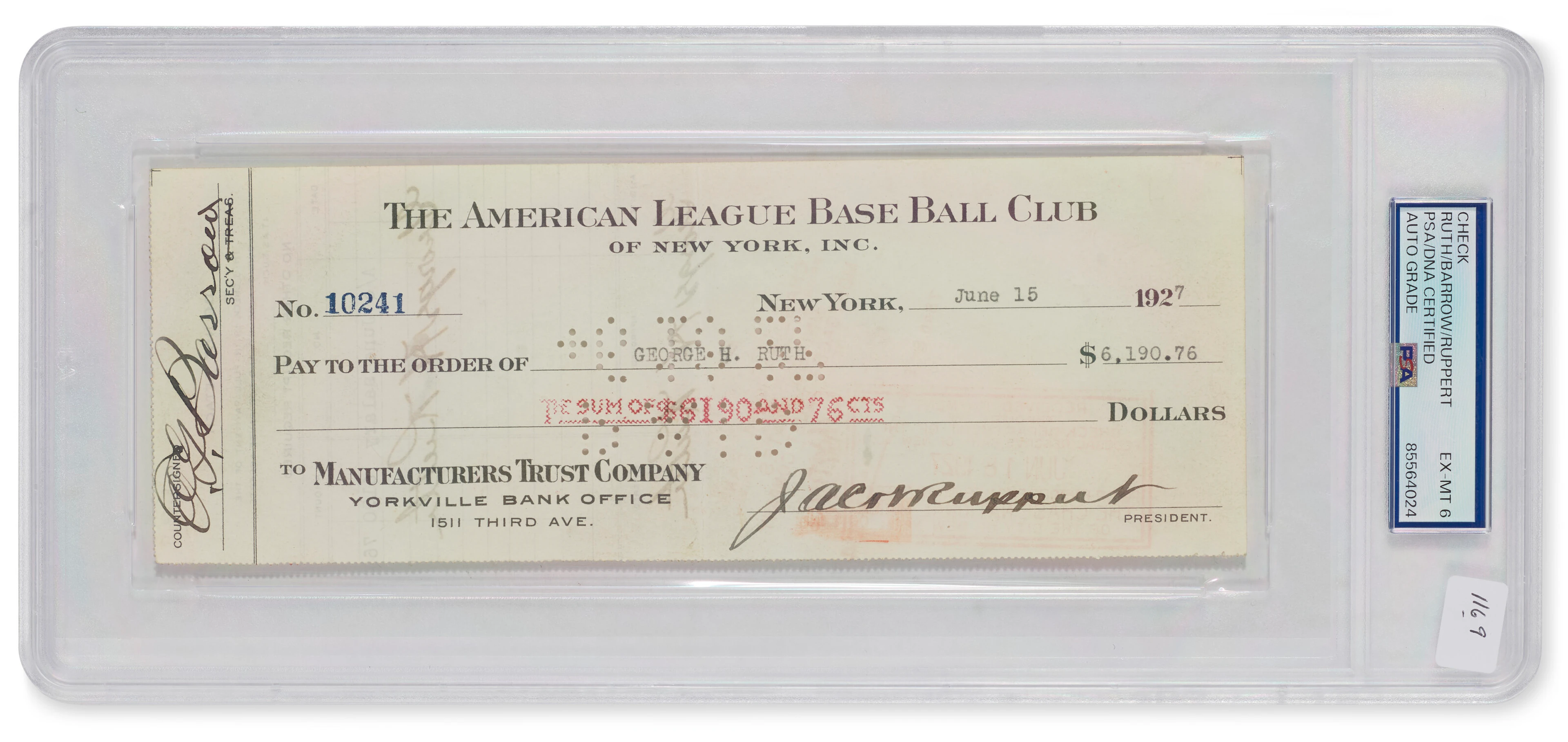 BABE RUTH TWICE AUTOGRAPHED NEW YORK YANKEES PAYROLL CHECK - OUTSTANDING