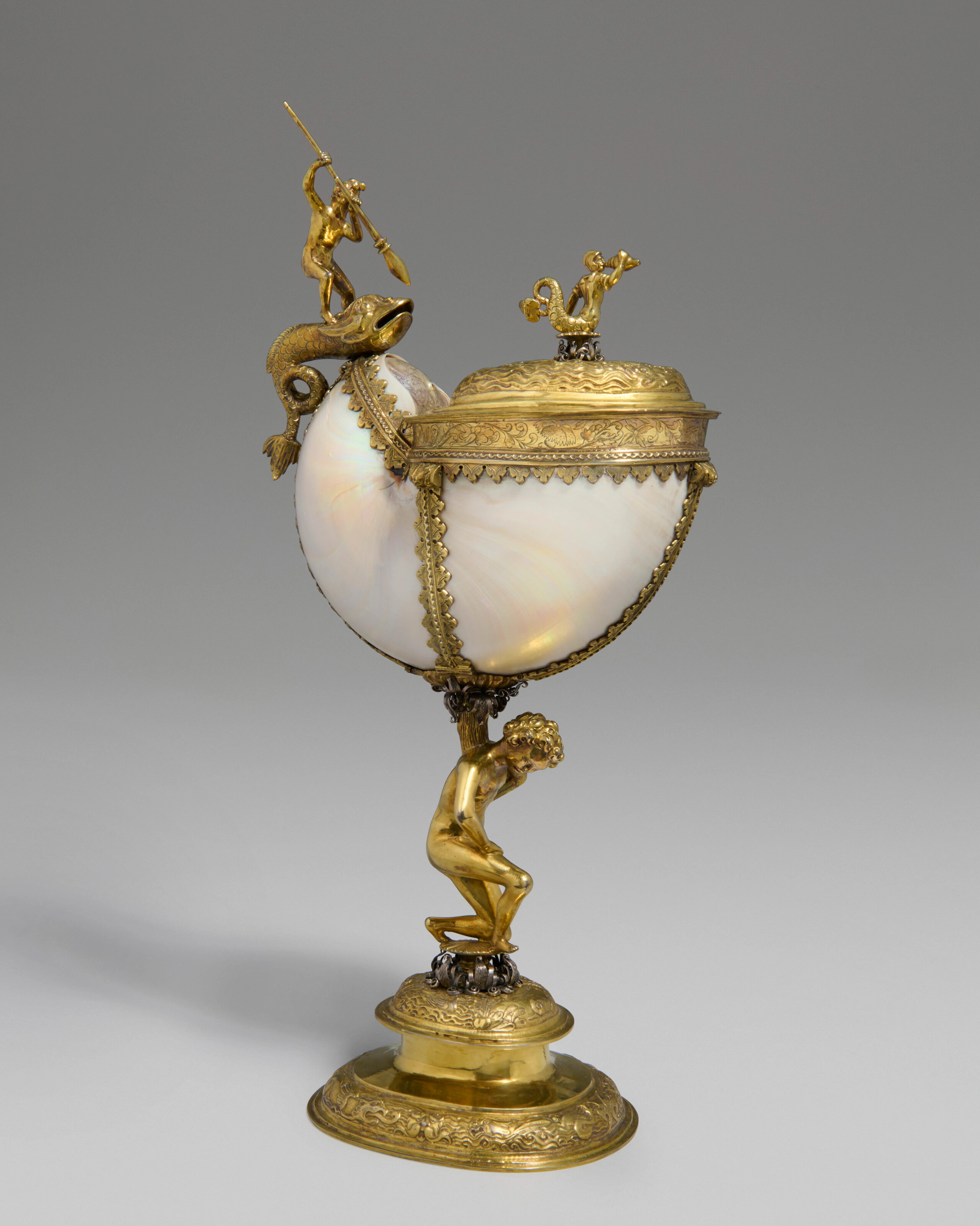 A Continental Parcel-Gilt Silver Mounted Nautilus Shell Cup