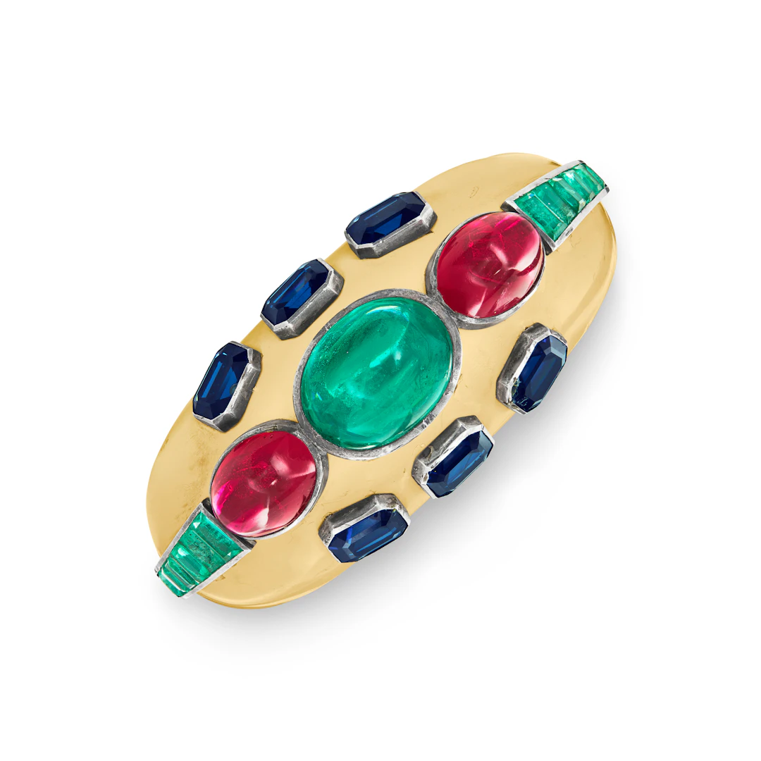 Enamel and Simulated Multi-Gem Bangle Bracelet, Attributed to Fulco