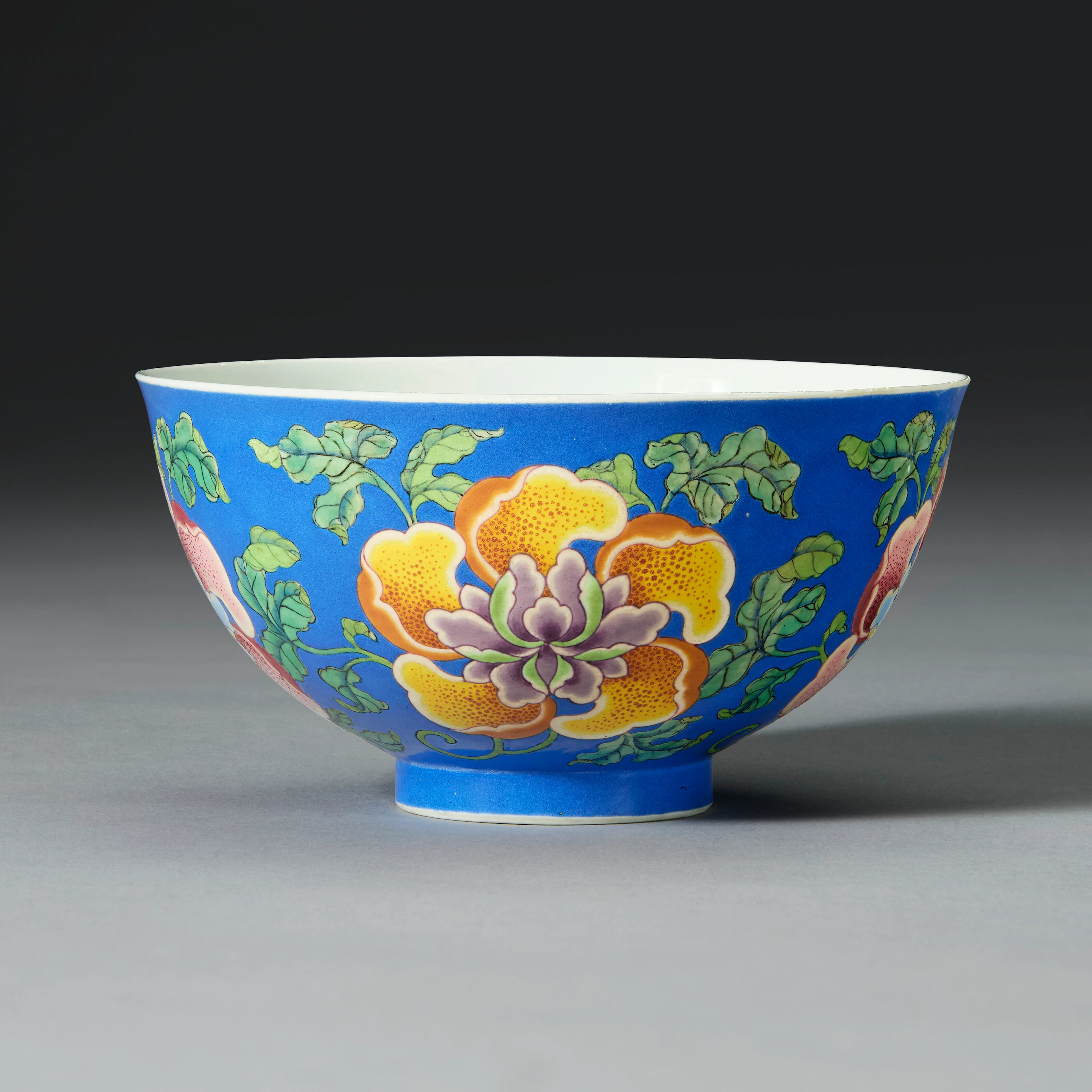 AN EXCEEDINGLY RARE IMPERIAL BLUE-GROUND FALANGCAI 'PEONY' BOWL