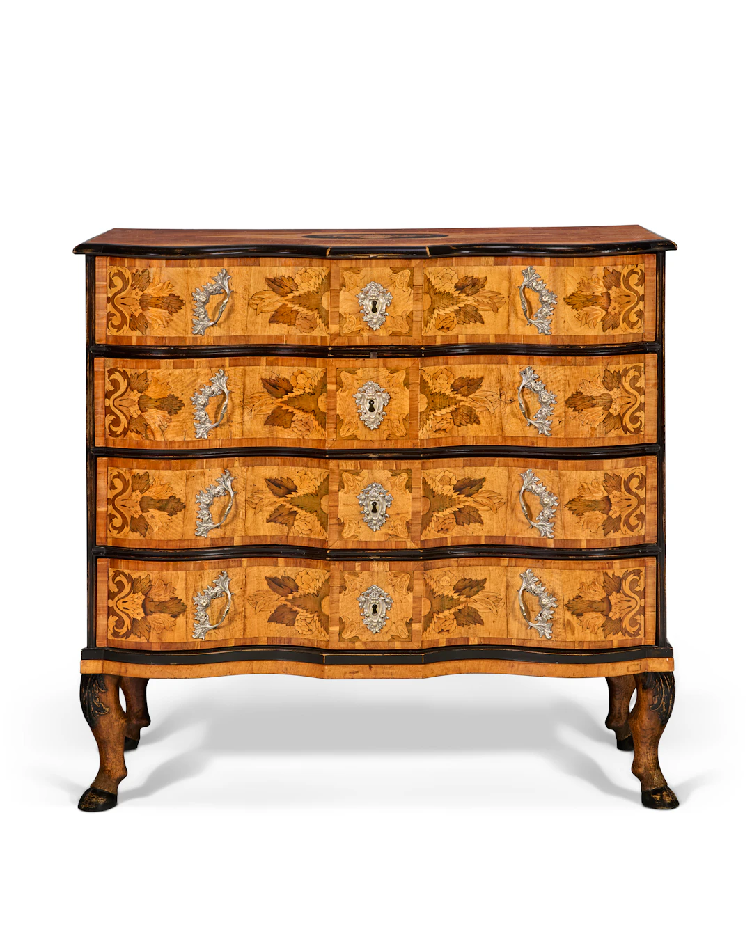 A Danish Silvered Brass-Mounted and Parcel-Ebonized Walnut, Fruitwood