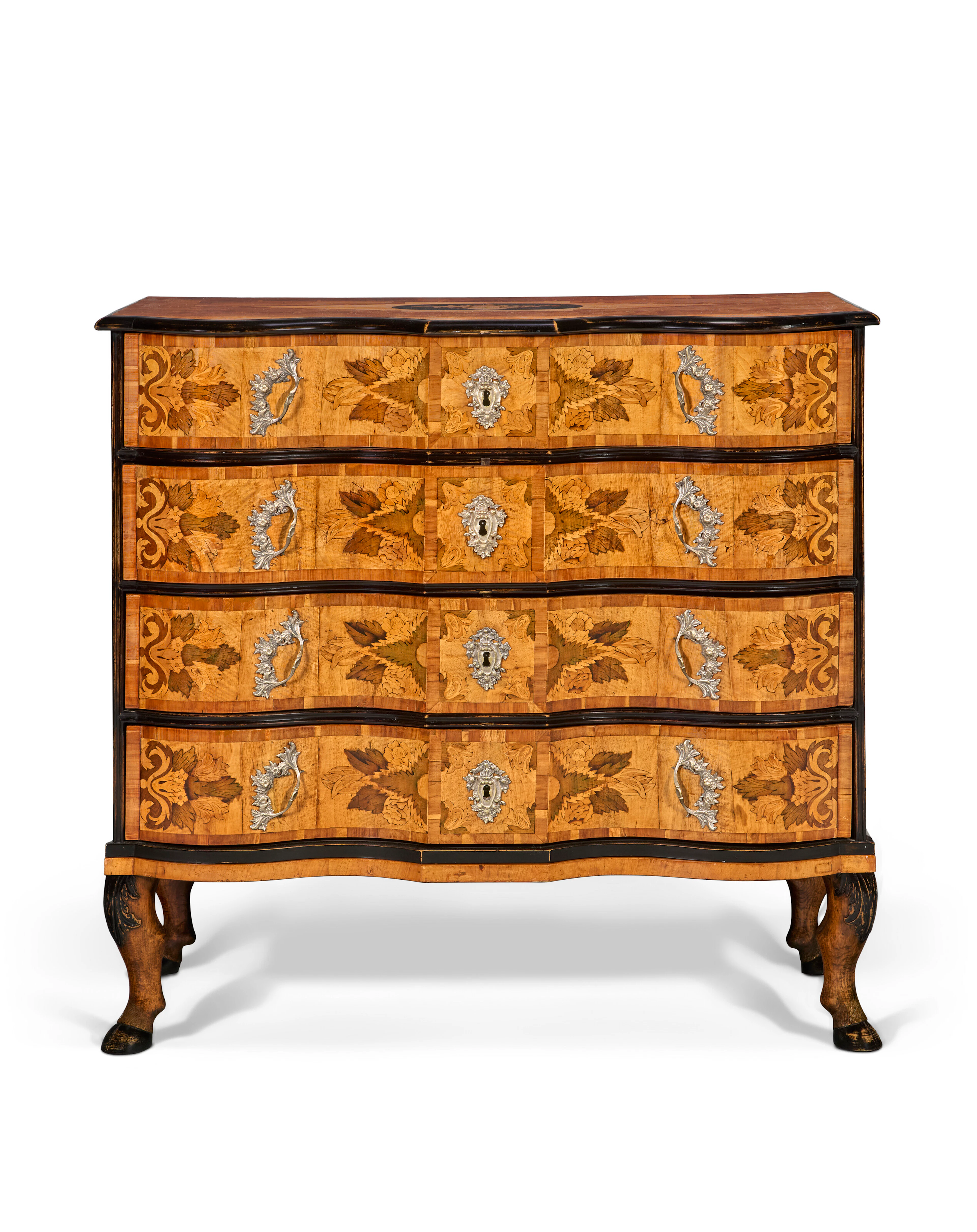 A Danish Silvered Brass-Mounted and Parcel-Ebonized Walnut, Fruitwood