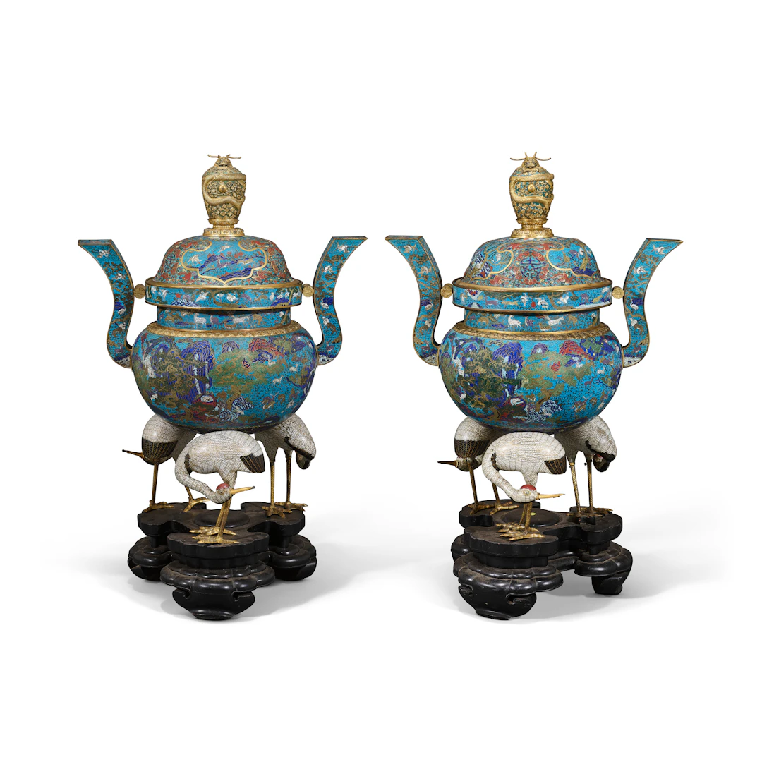 A Rare and Impressive Large Pair of Cloisonné and Champlevé Enamel