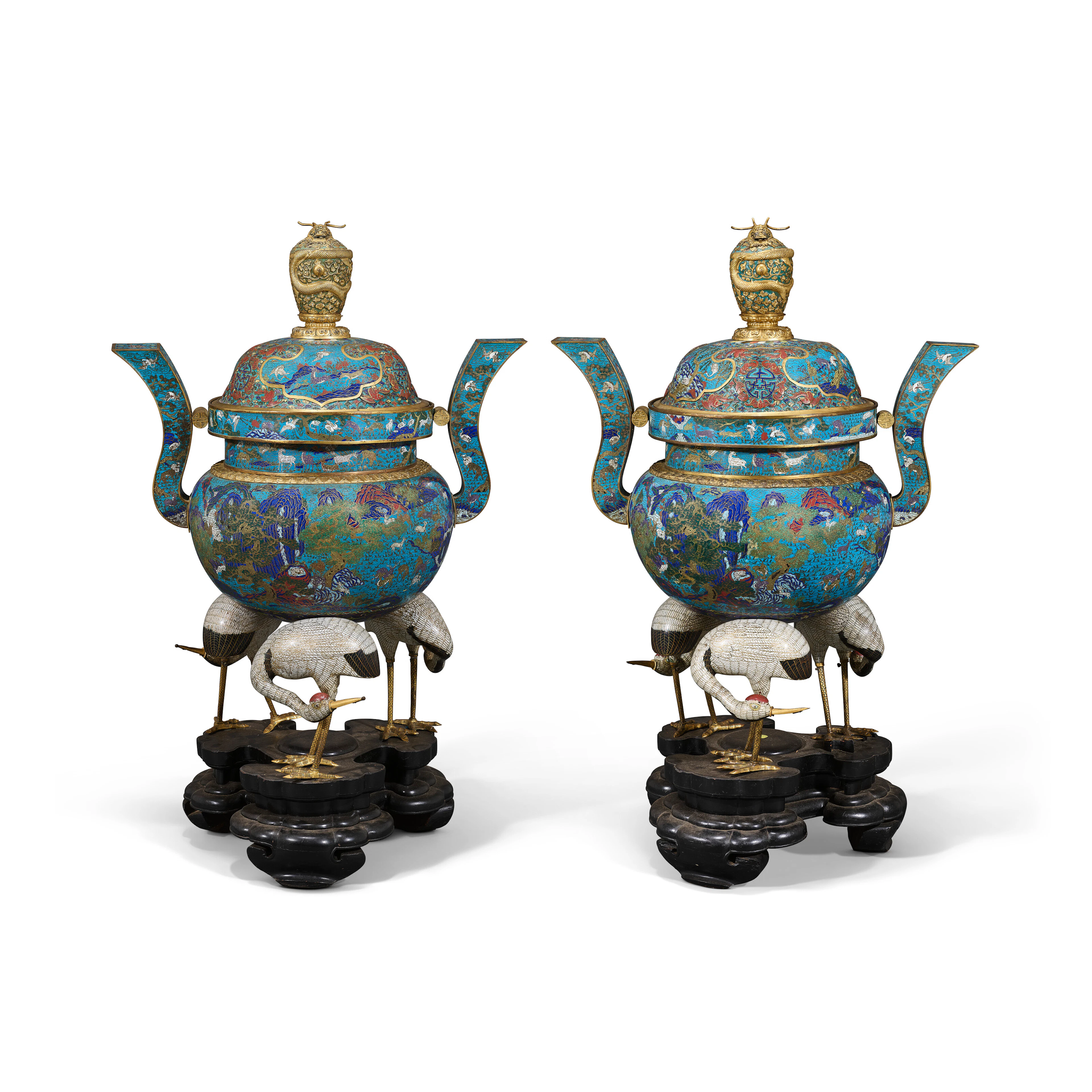 A Rare and Impressive Large Pair of Cloisonné and Champlevé Enamel