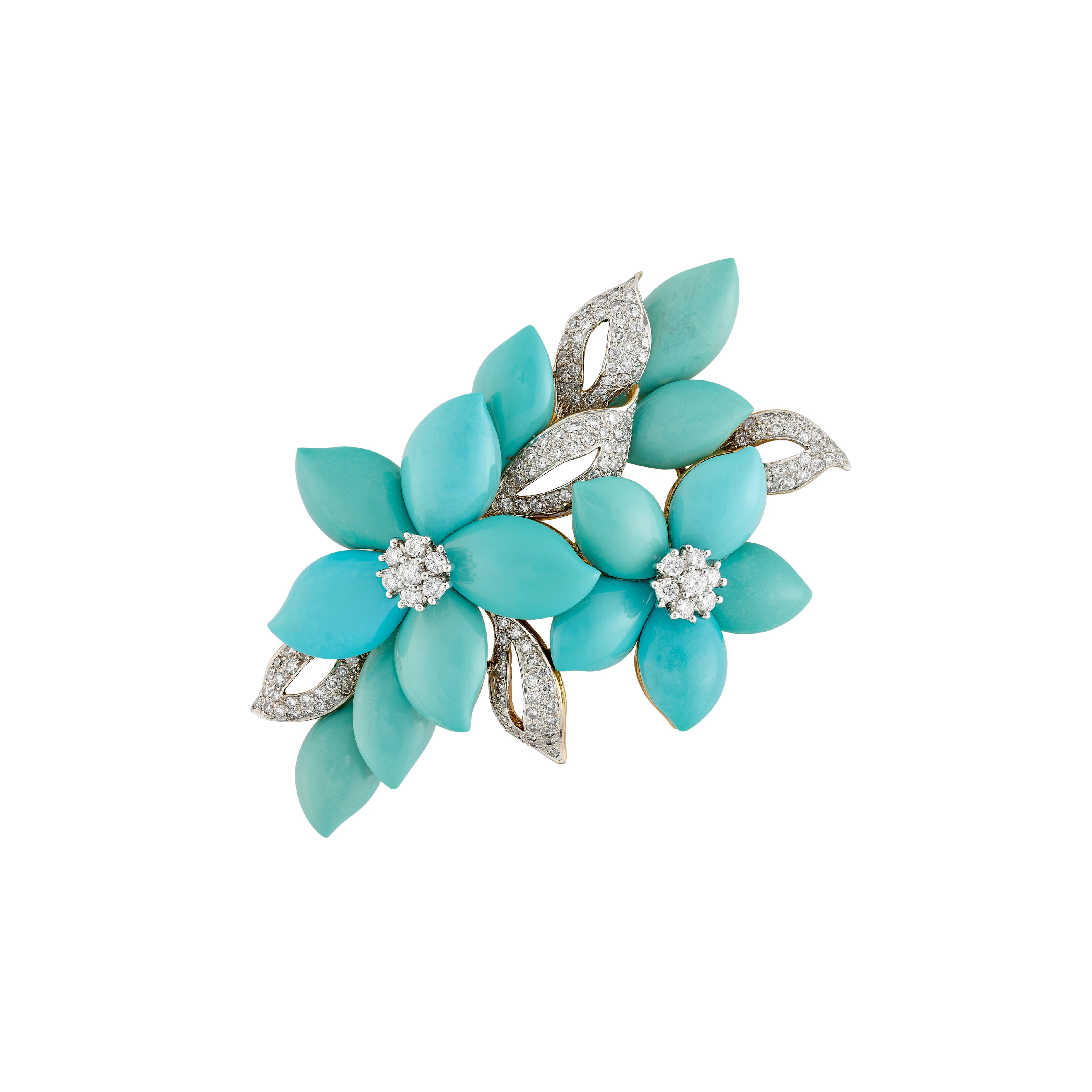 Kessaris Turquoise and Diamond Flower Brooch