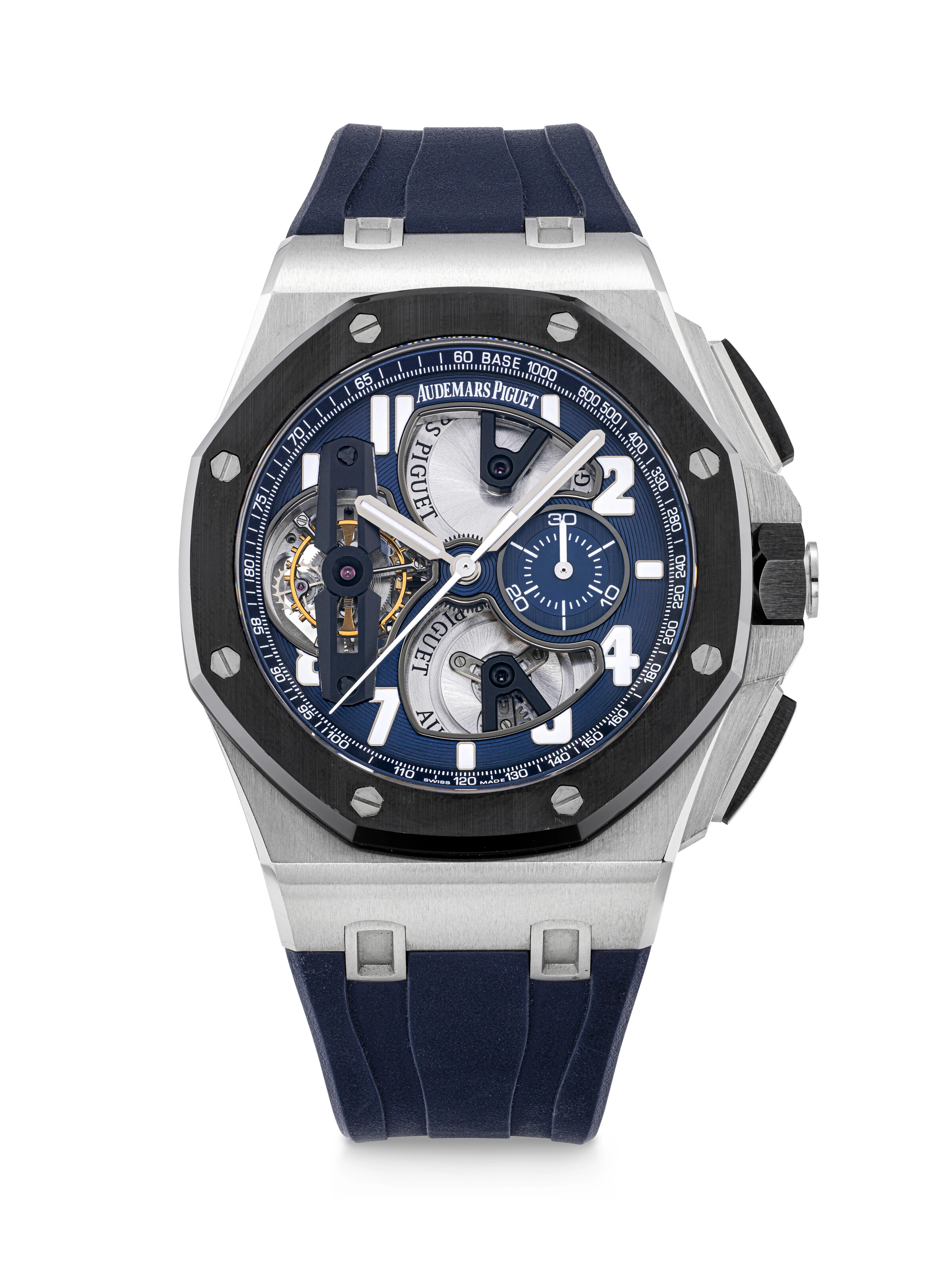 AUDEMARS PIGUET. AN ATTRACTIVE PLATINUM AND CERAMIC SEMI-SKELETONISED