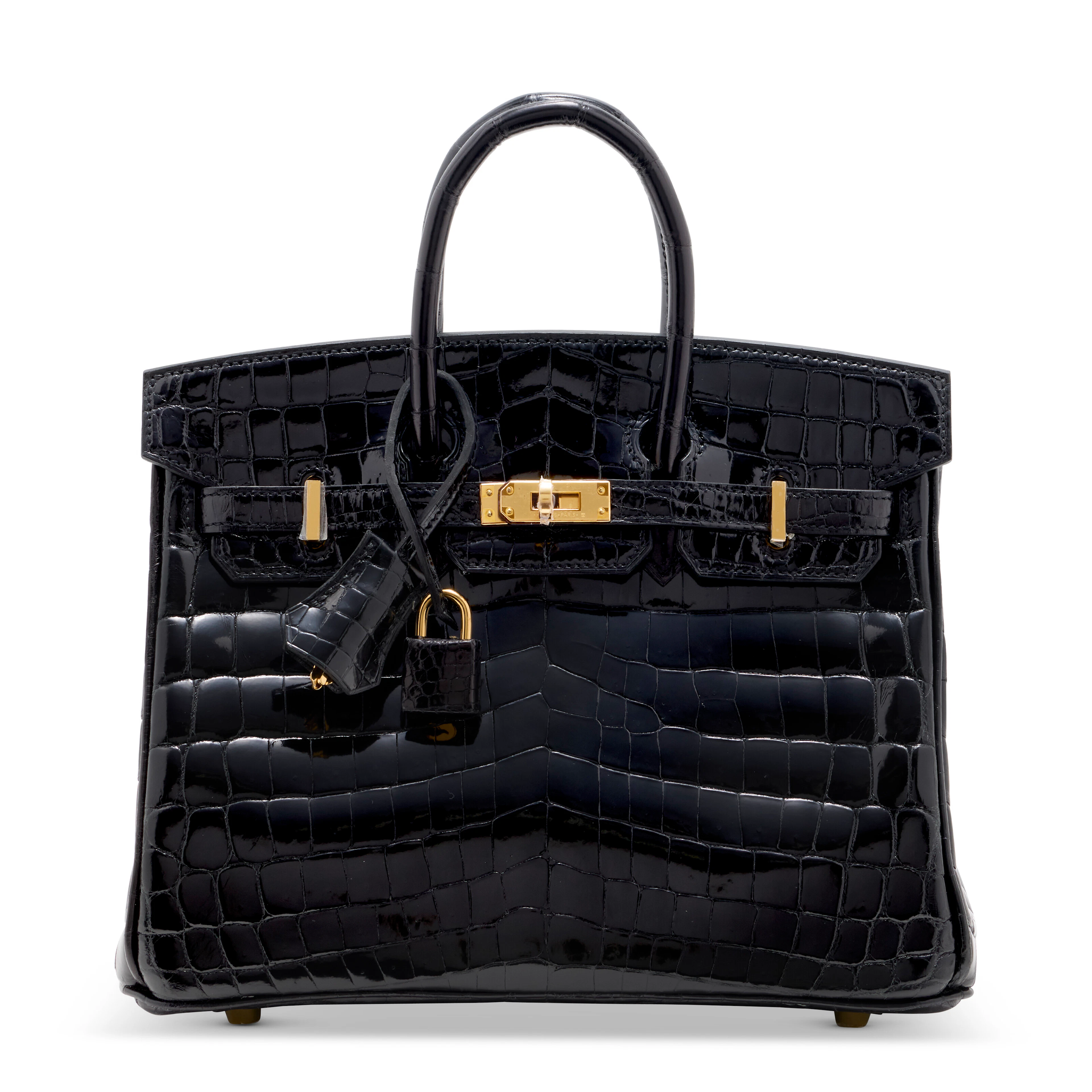 A Shiny Black Niloticus Crocodile Birkin 25 with Gold Hardware