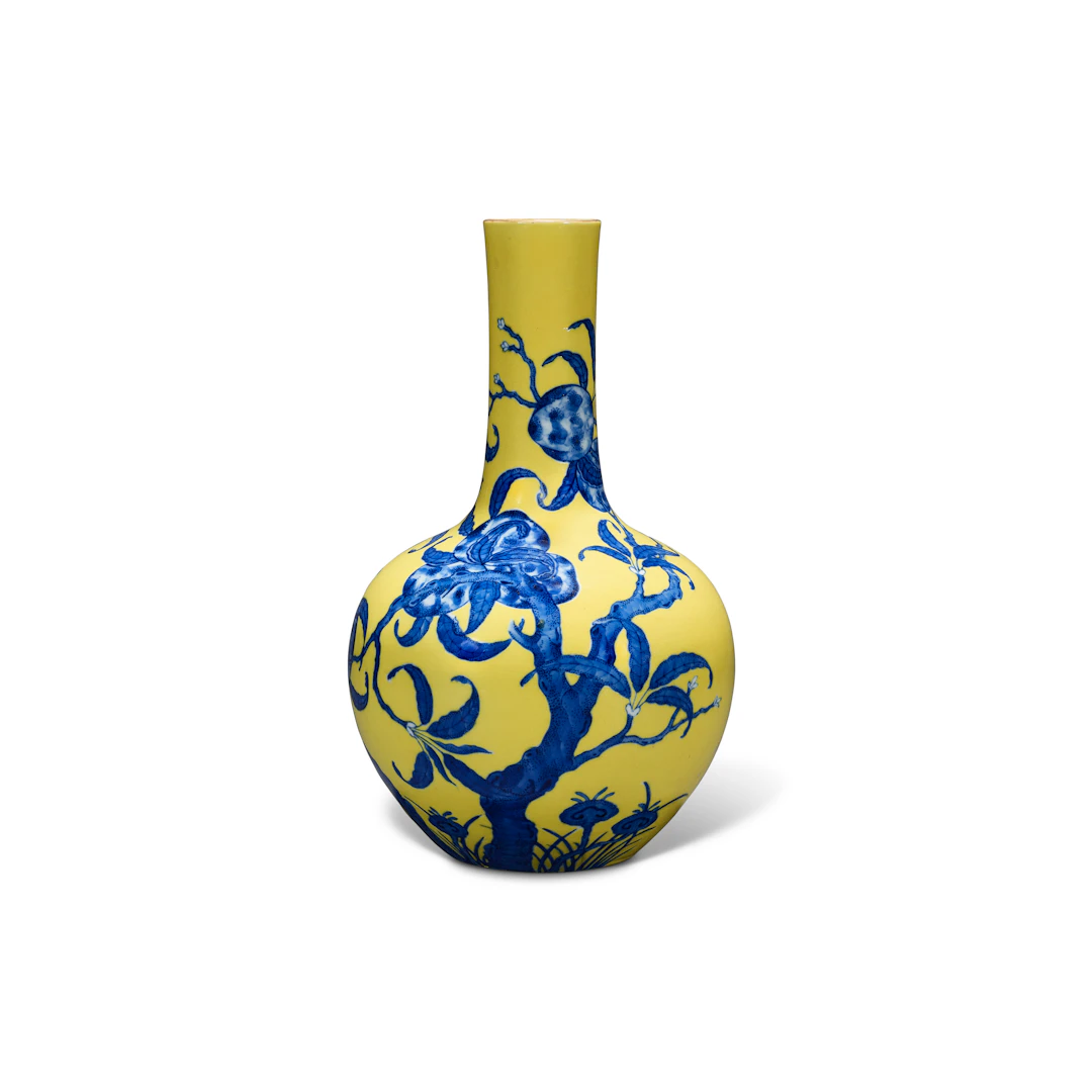 A Yellow-Ground Underglaze-Blue-Decorated 'Peach' Vase, Tianqiuping