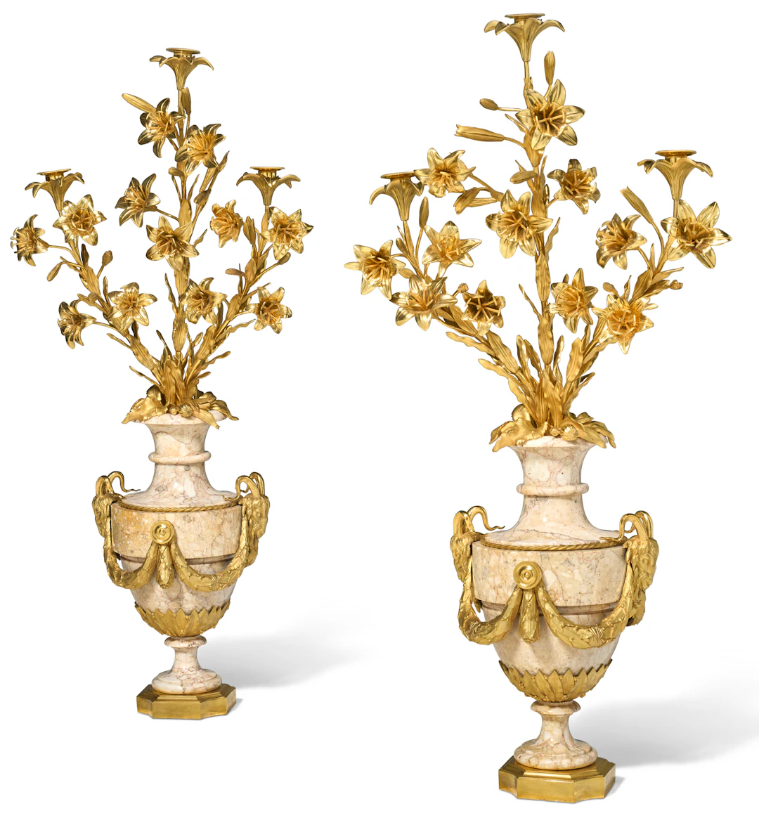 A Pair of Louis Xvi Ormolu and Pink and Yellow-Veined White Marble