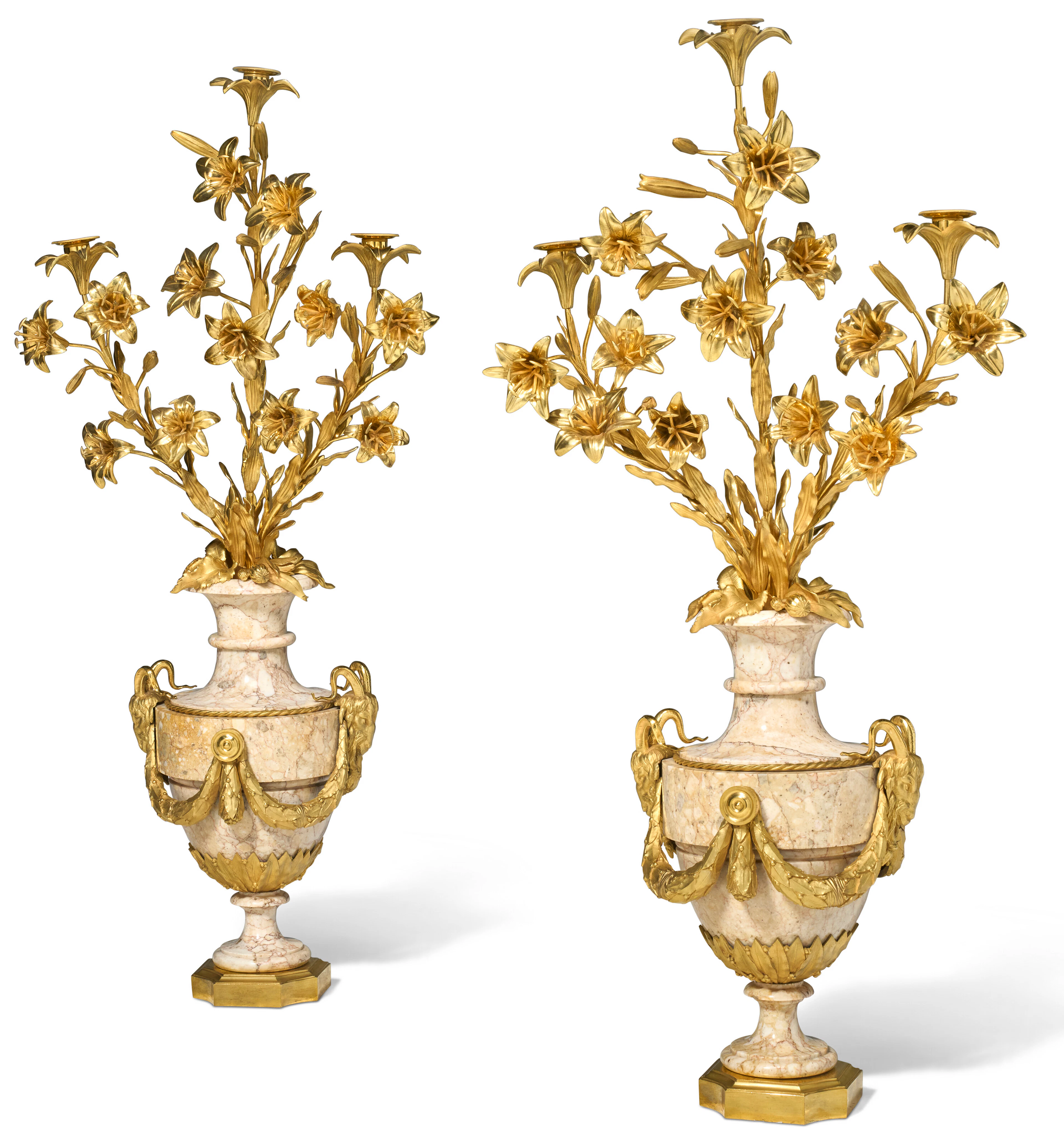 A Pair of Louis Xvi Ormolu and Pink and Yellow-Veined White Marble
