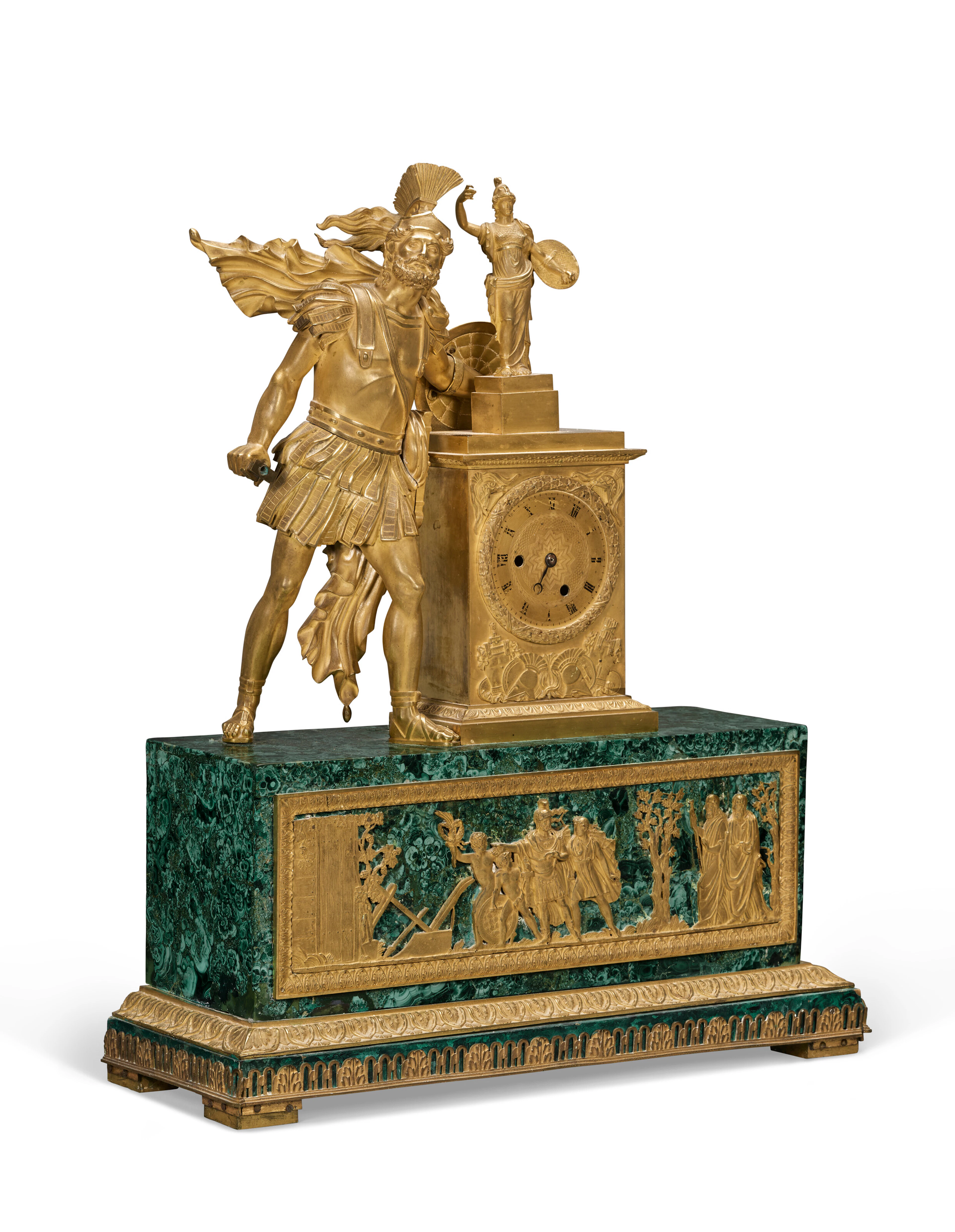 A Restauration Ormolu and Malachite Mantel Clock