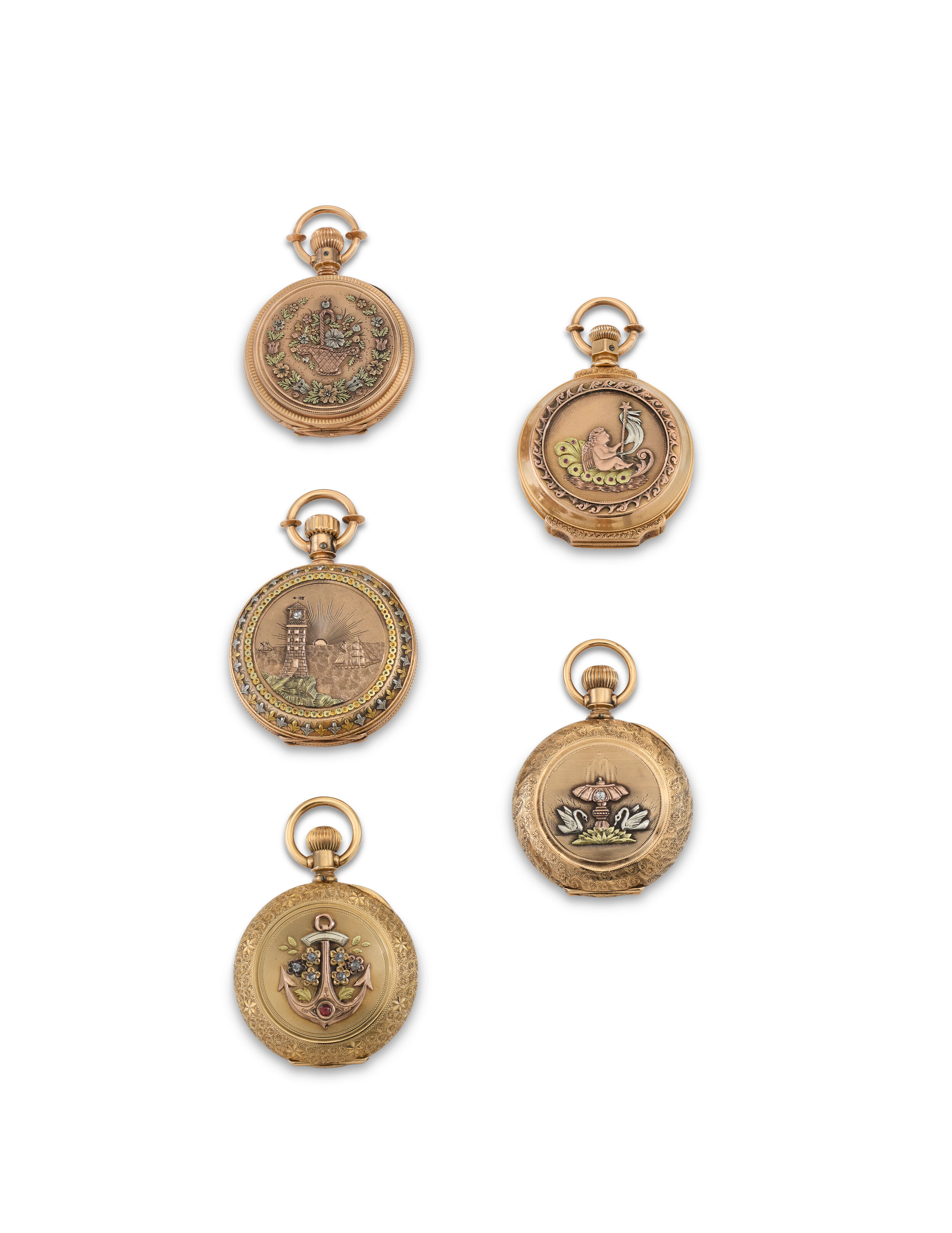 A Group of Five American Gem-Set Vari-Color Gold Pocket Watches