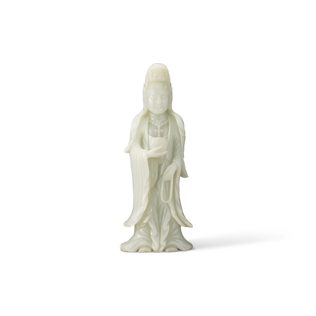 A Large White Jade Figure of Guanyin