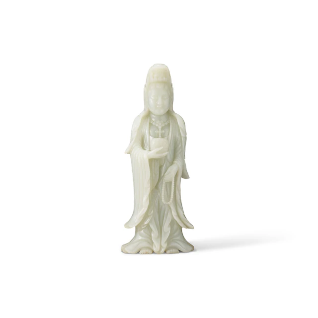 A Large White Jade Figure of Guanyin