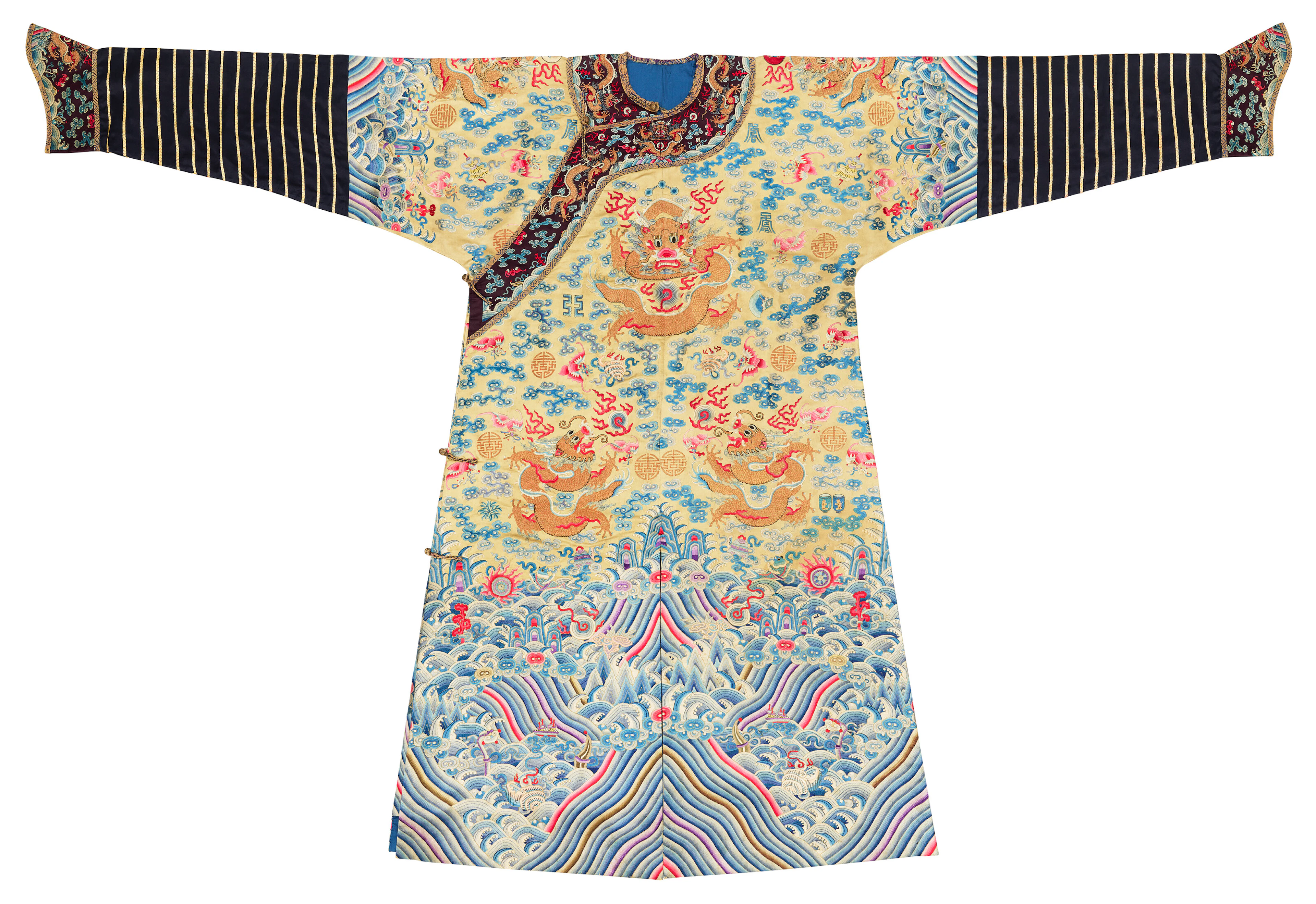 An Imperial Embroidered Yellow Silk 'Twelve Symbol' 'Dragon' Robe, Longpao