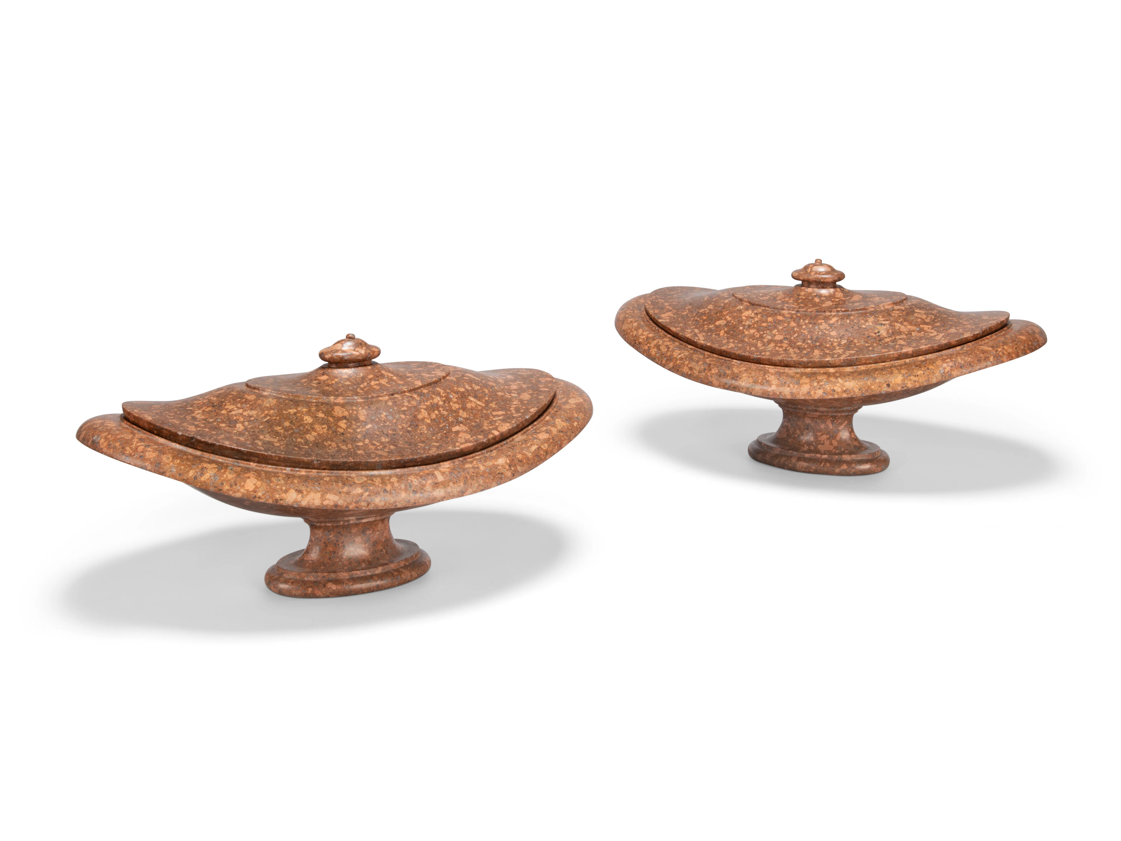 A Pair of Italian Granite Navette Vases with Lids