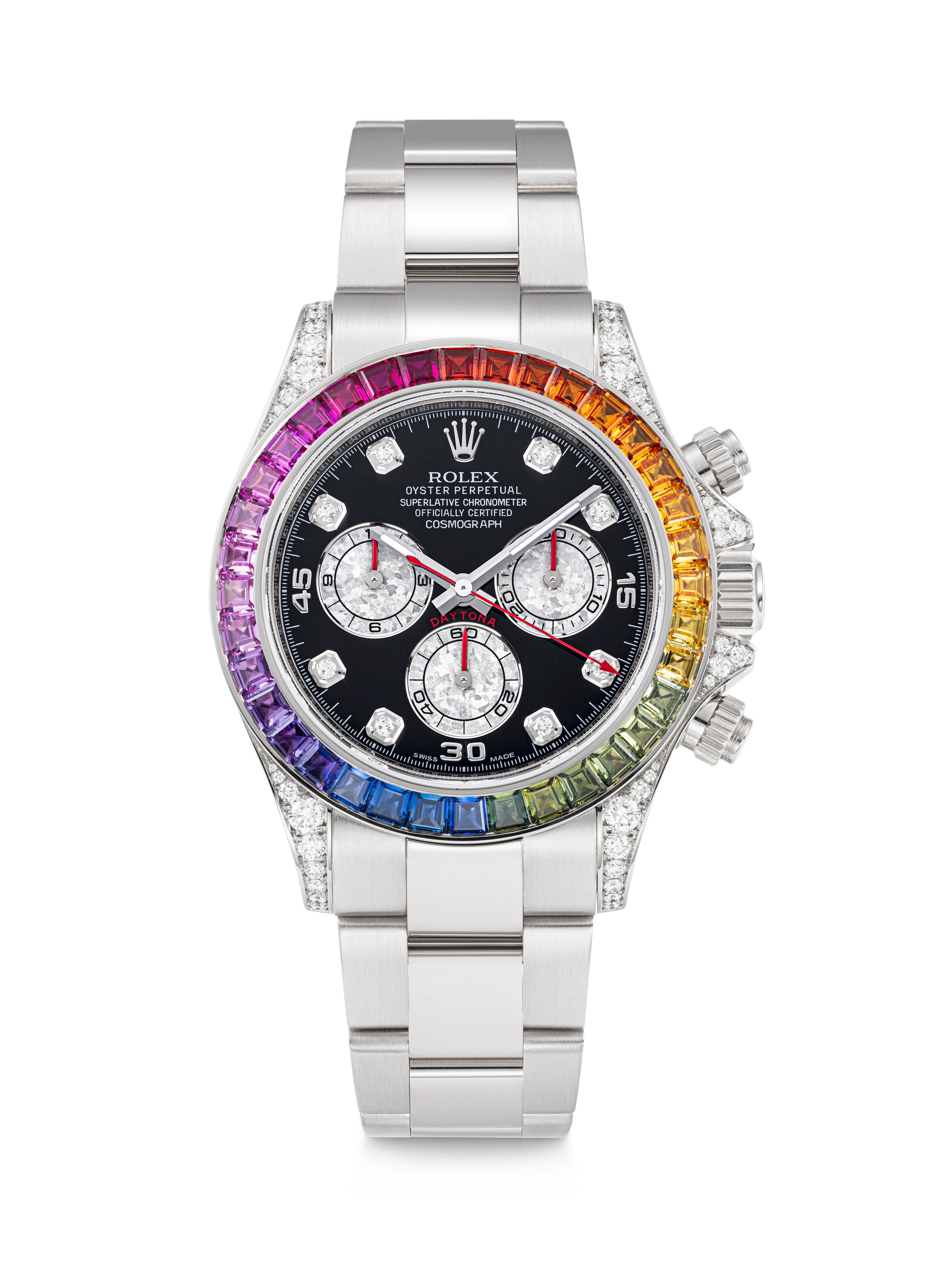 ROLEX. A RARE AND IMPRESSIVE 18K WHITE GOLD, DIAMOND AND MULTI-COLOURED