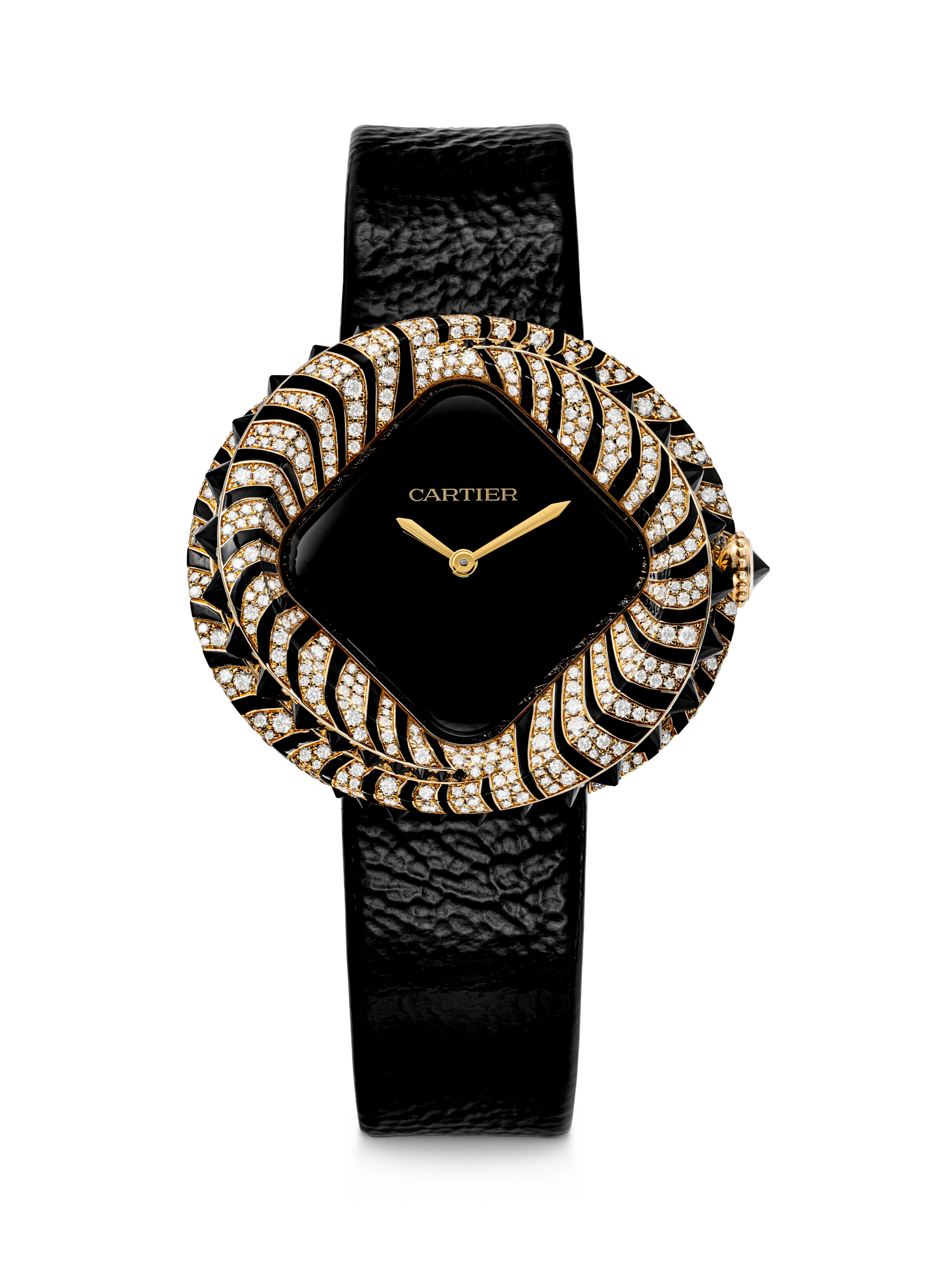 CARTIER. AN ATTRACTIVE 18K GOLD, BLACK LACQUER, DIAMOND AND BLACK