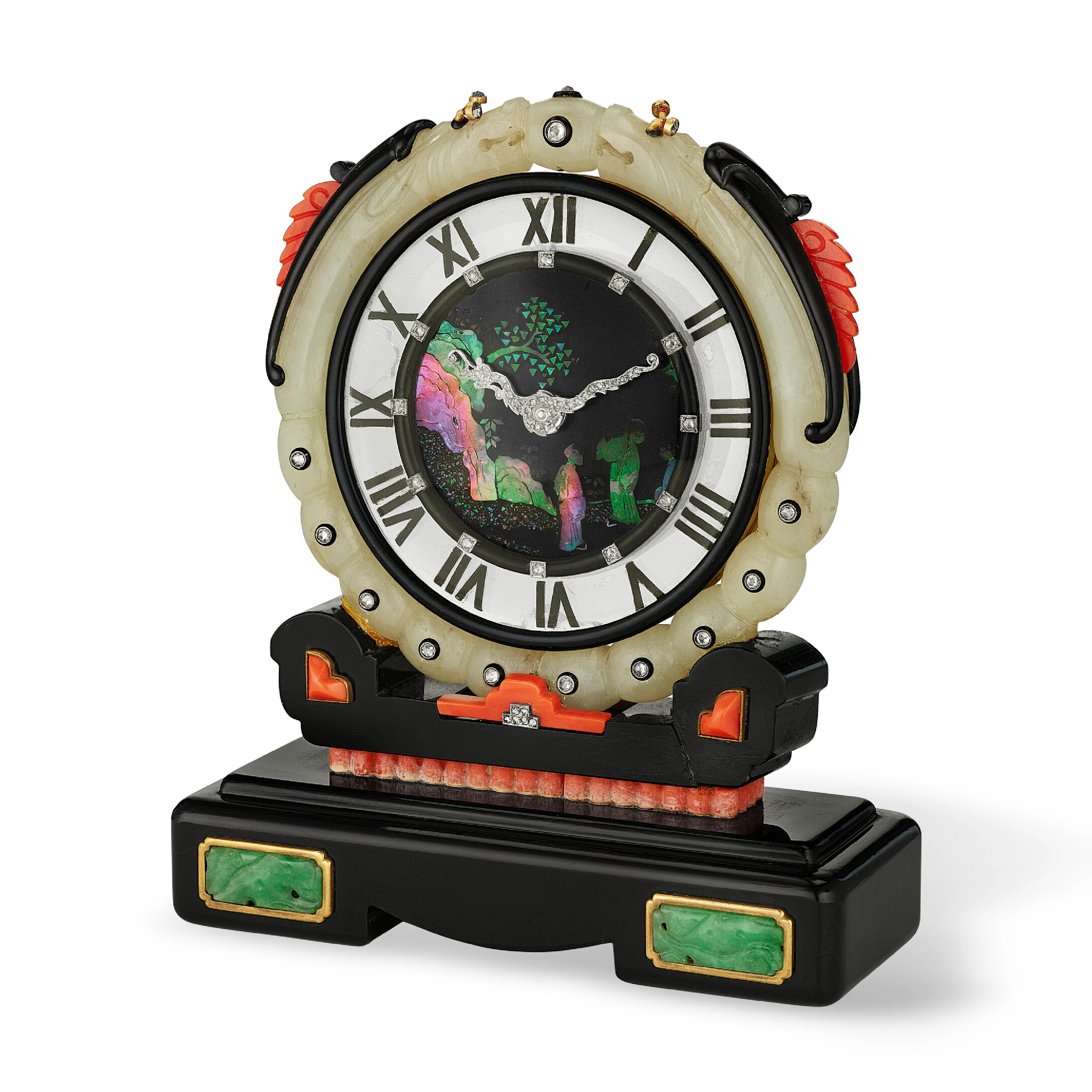 An Important and Rare Cartier Multi-Gem, Diamond and Enamel Clock