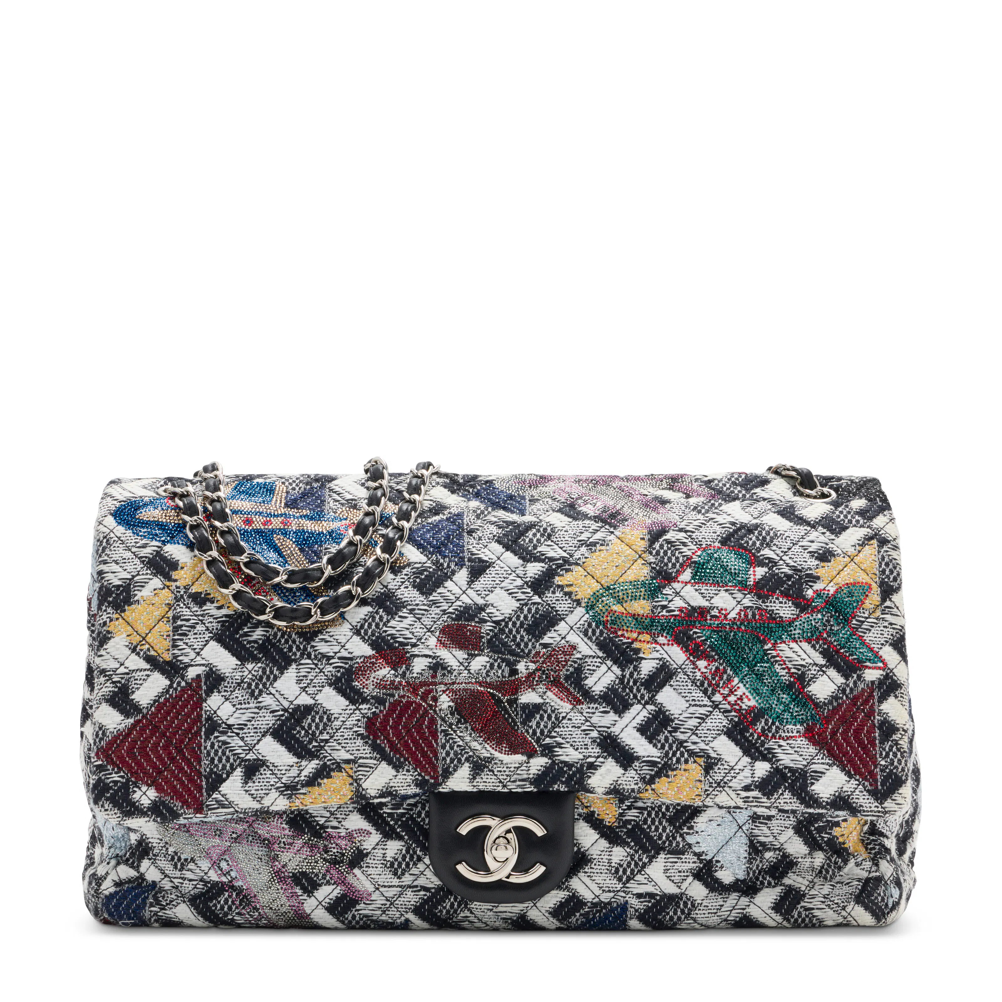A Crystal Embellished Tweed Chanel Airline Extra Large Flap Bag with
