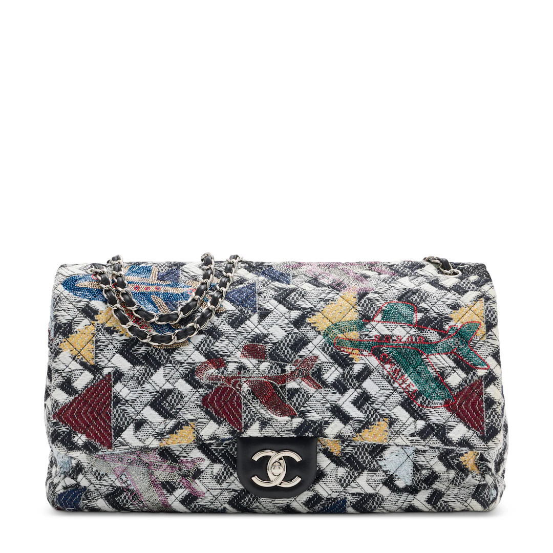 A Crystal Embellished Tweed Chanel Airline Extra Large Flap Bag with