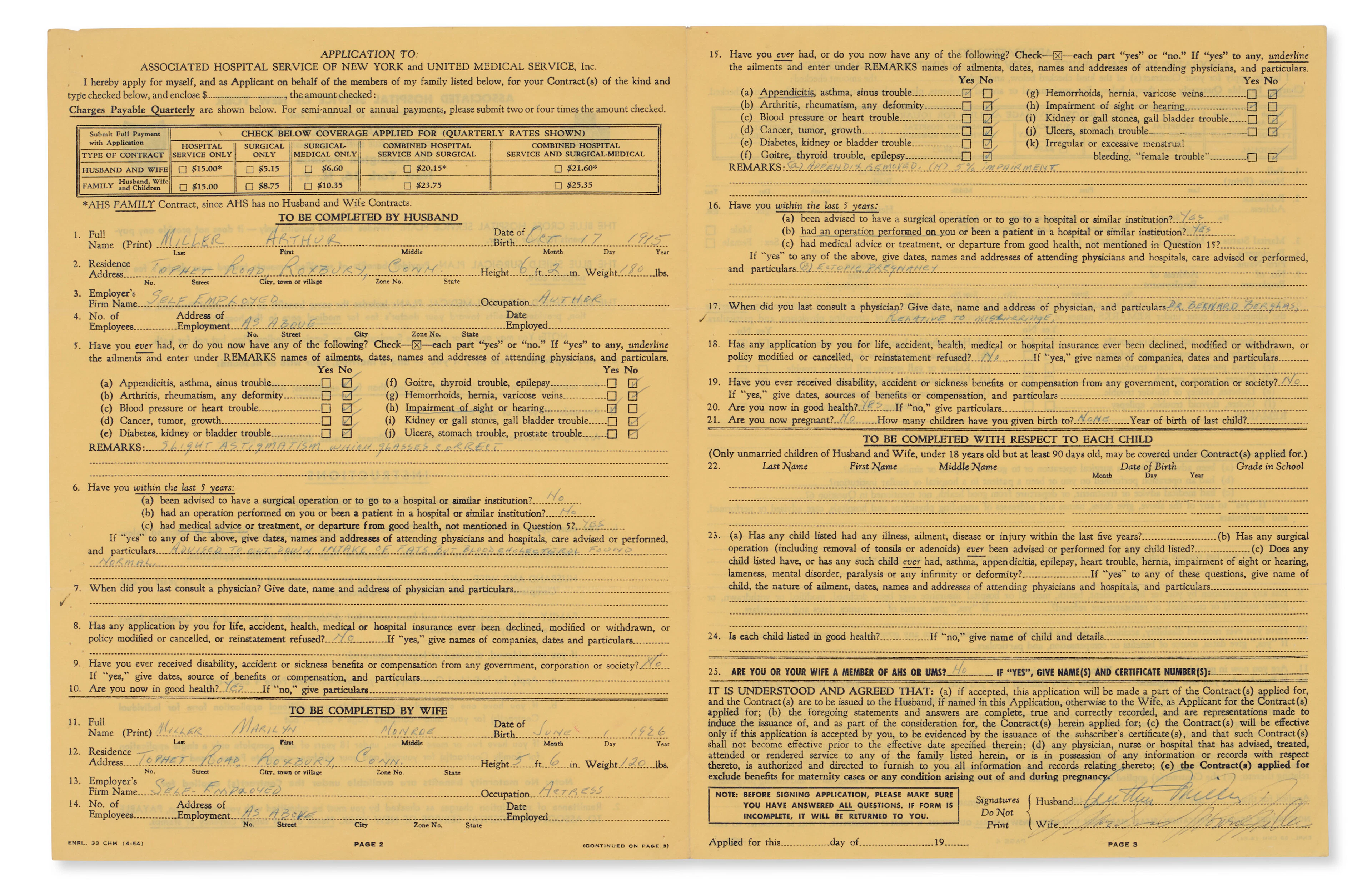 MARILYN MONROE AND ARTHUR MILLER AUTOGRAPHED INSURANCE APPLICATION