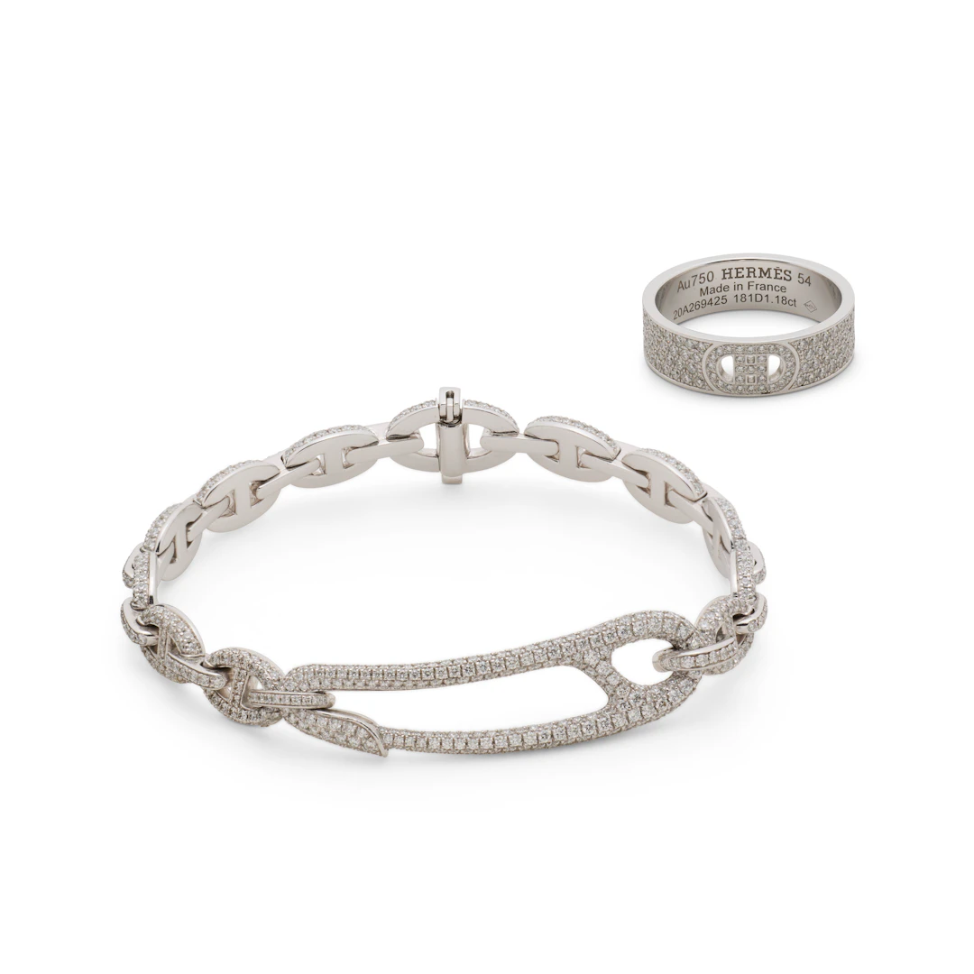 A Set of Two: 18K White Gold & Diamond Chaîne D'ancre Punk Bracelet