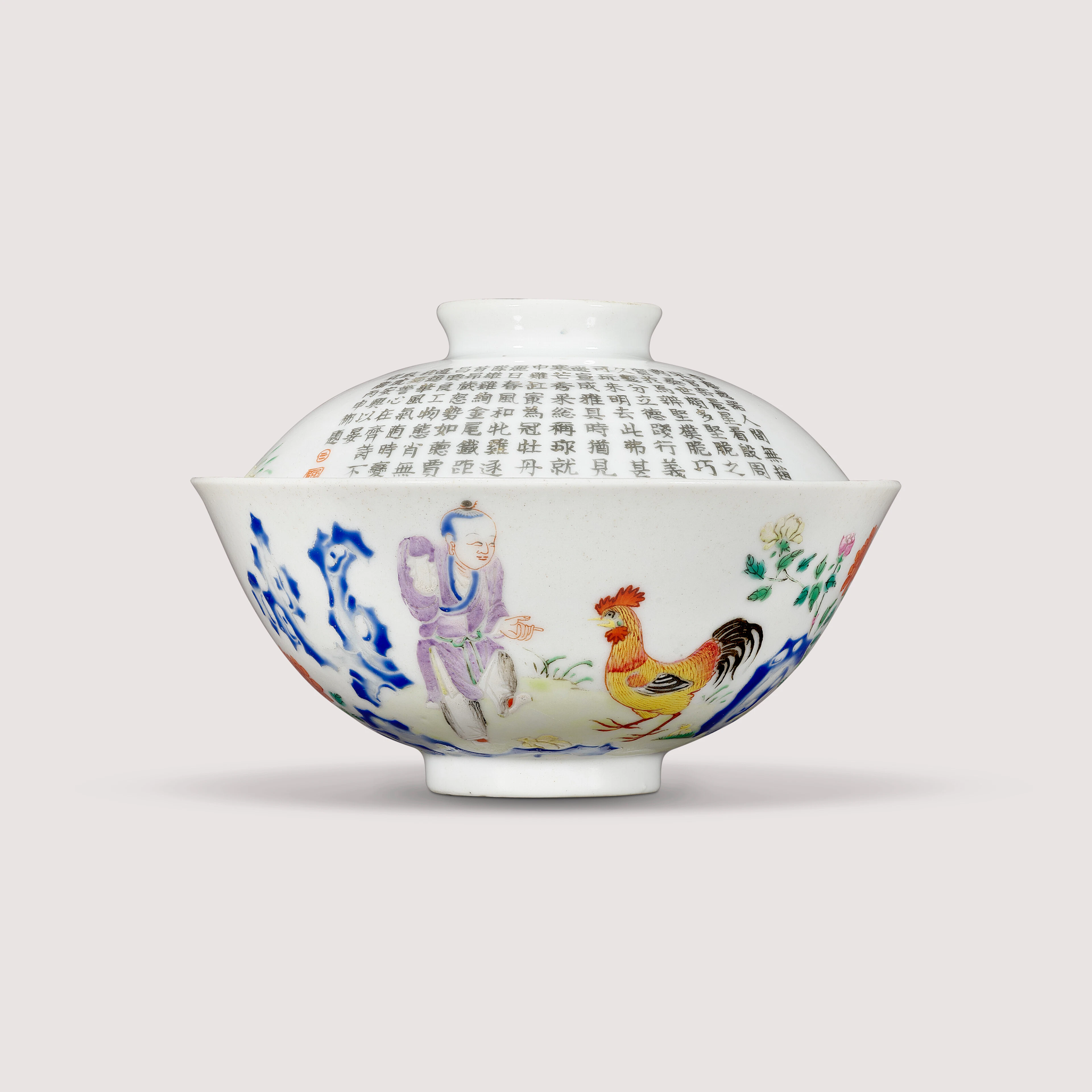 A Rare Famille Rose Inscribed ‘Boy and Chicken’ Bowl and Cover