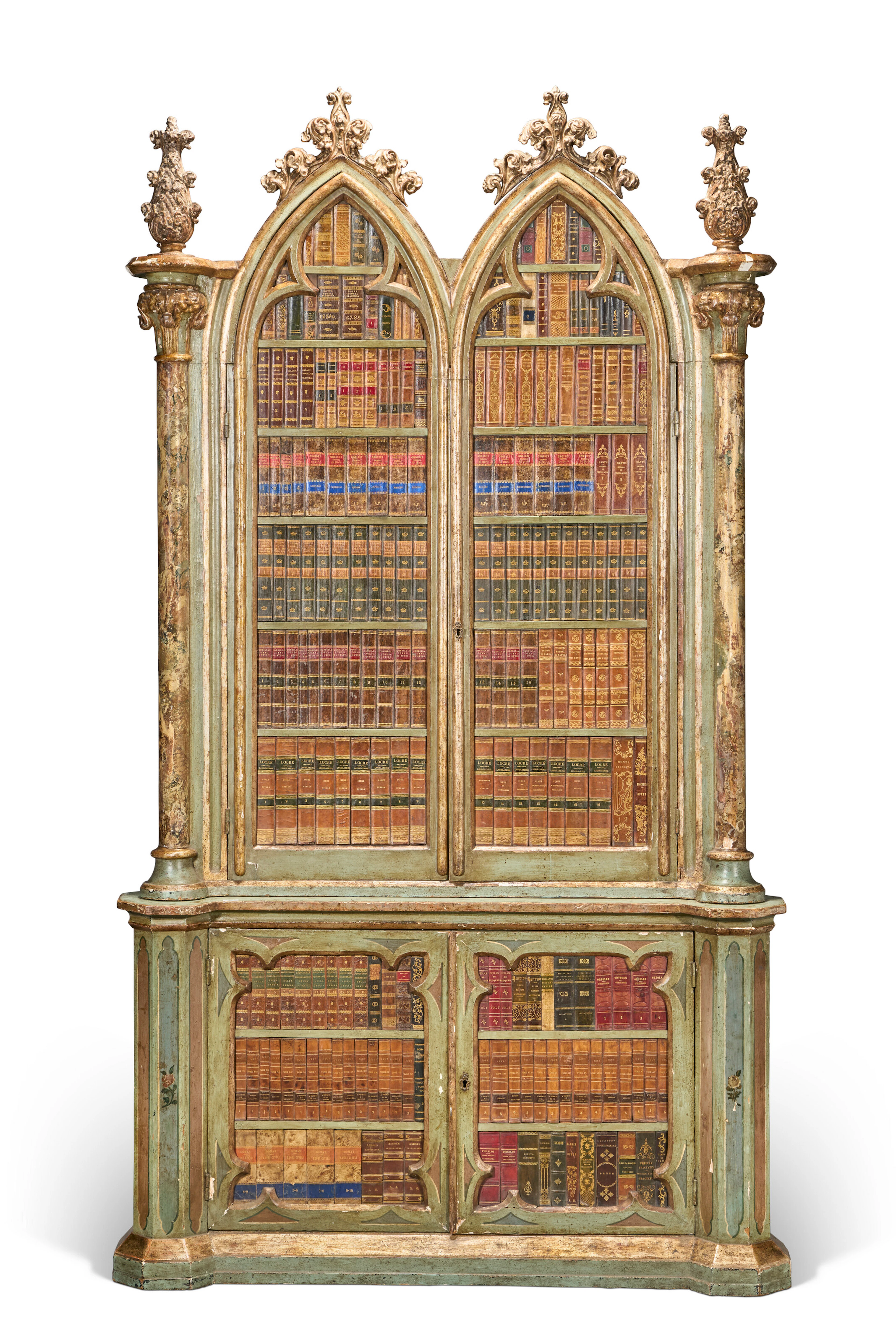 An Italian Gothic Revival Green-Painted, Faux-Marble and Parcel-Gilt