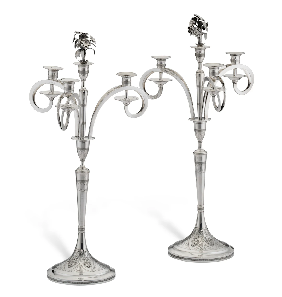 A Pair of Bohemian Silver Four-Light Candelabra