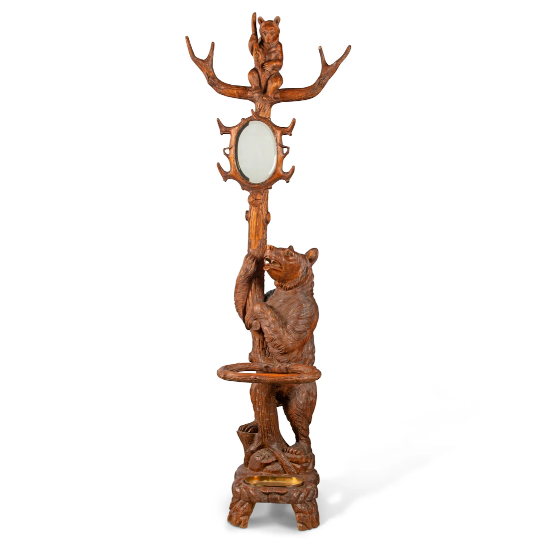 A Swiss 'Black Forest' Bear Umbrella Stand and Mirror