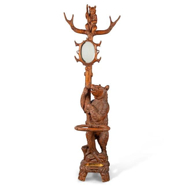 A Swiss 'Black Forest' Bear Umbrella Stand and Mirror