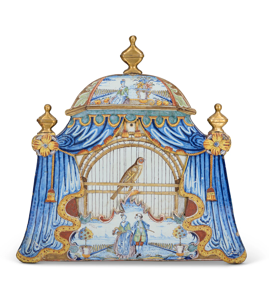 A Dutch Delft Polychrome Trompe L'oeil Birdcage Plaque