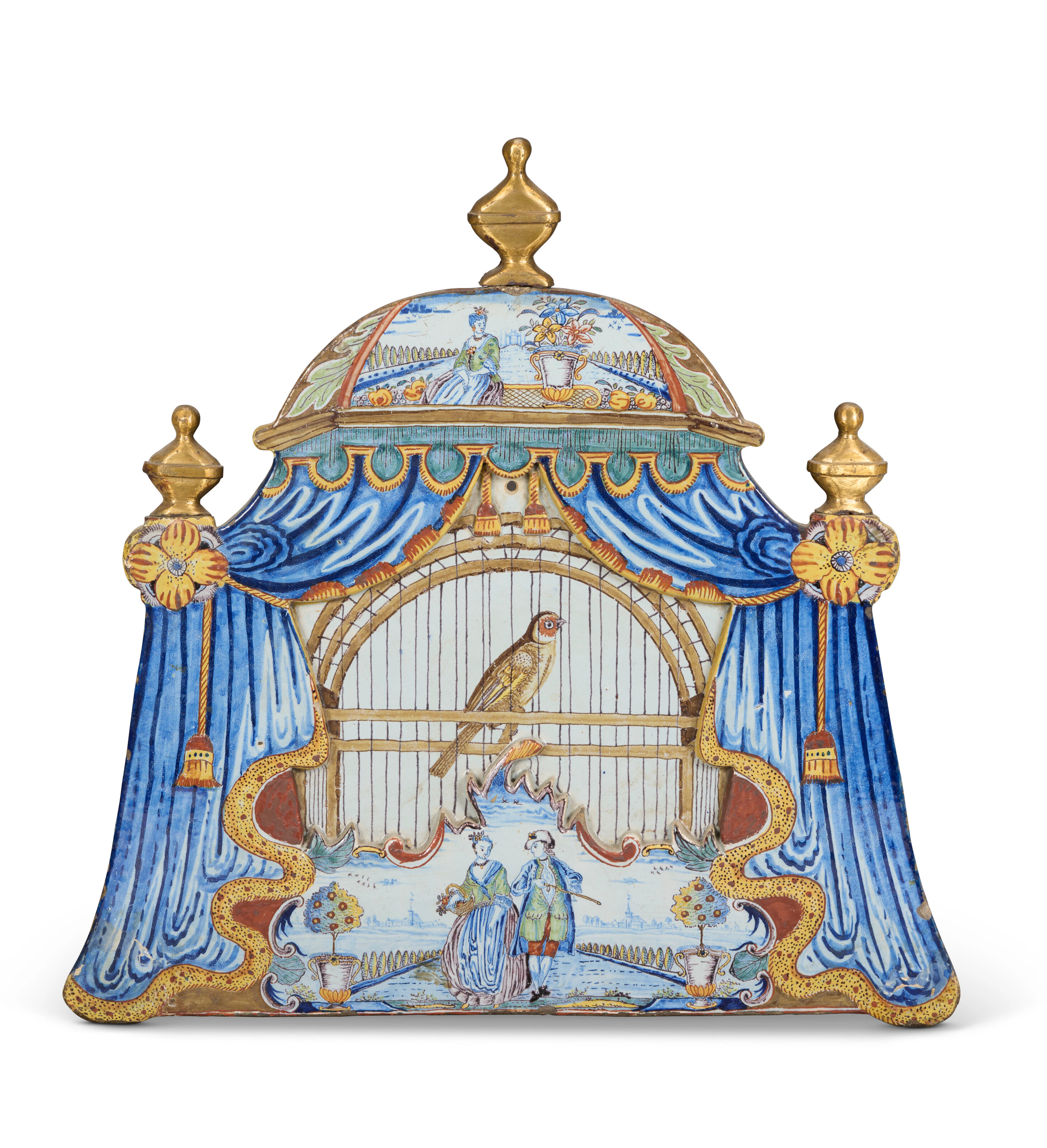 A Dutch Delft Polychrome Trompe L'oeil Birdcage Plaque