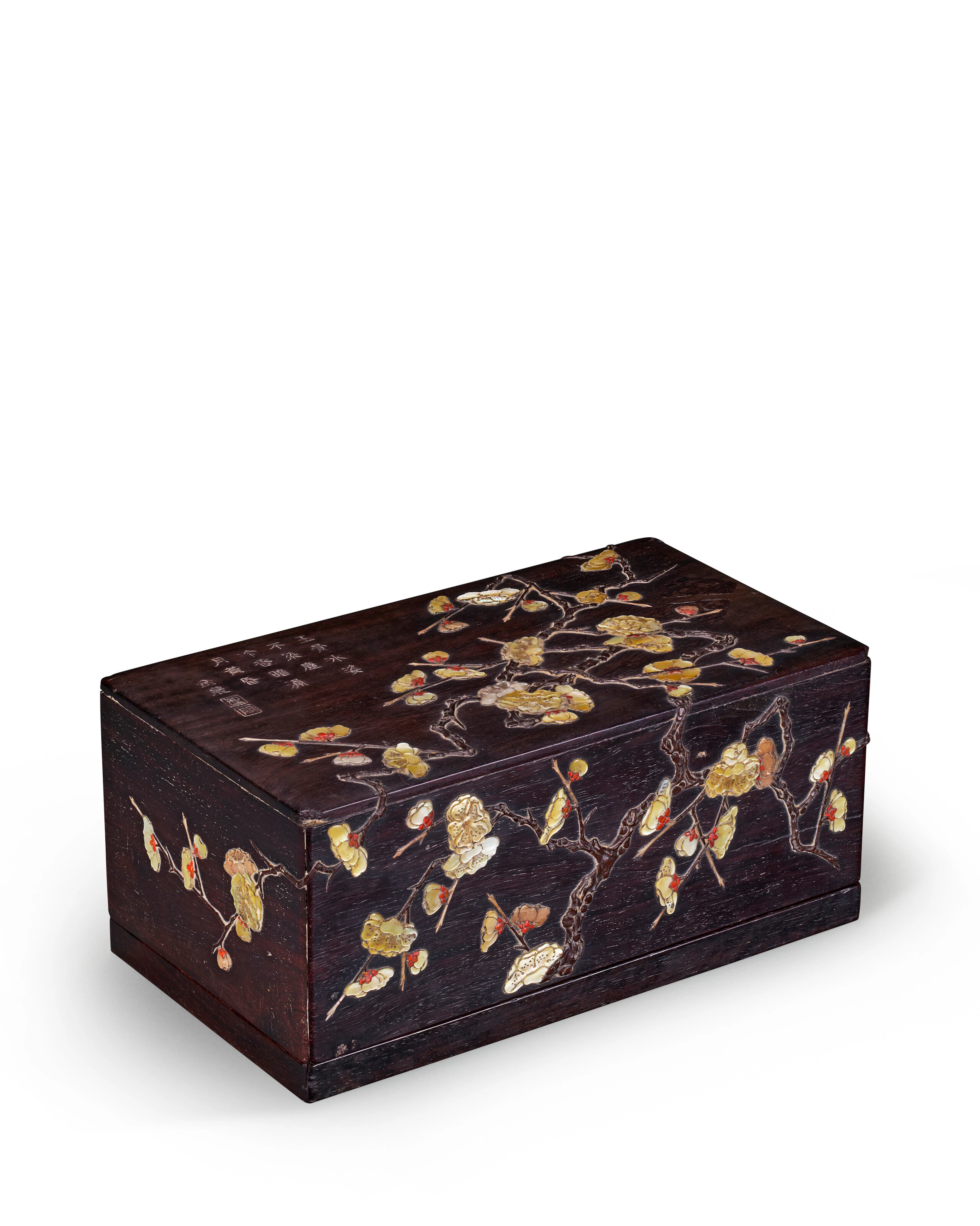 A Mother-Of-Pearl and Silver-Inlaid Zitan 'Prunus' Seal Box and Cover