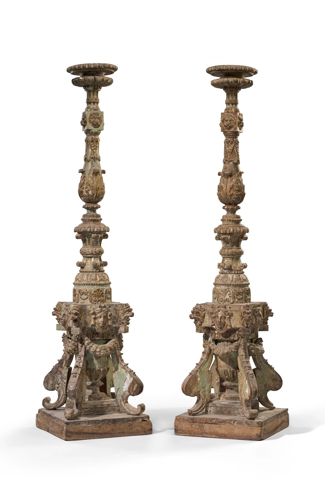 A Pair of Italian Green-Painted and Parcel-Gilt Torcheres